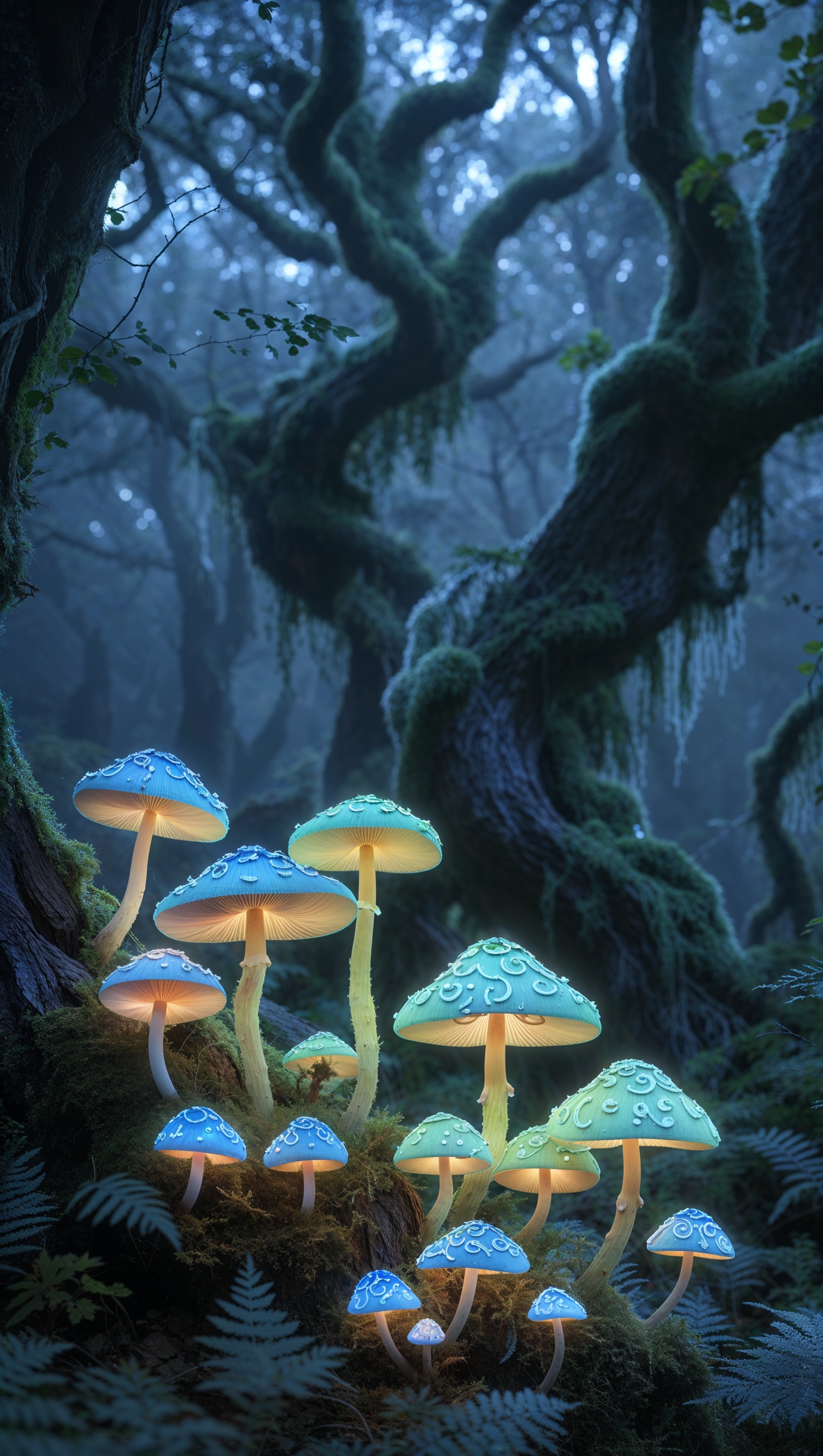 Enchanted forest with glowing mushrooms, magical atmosphere