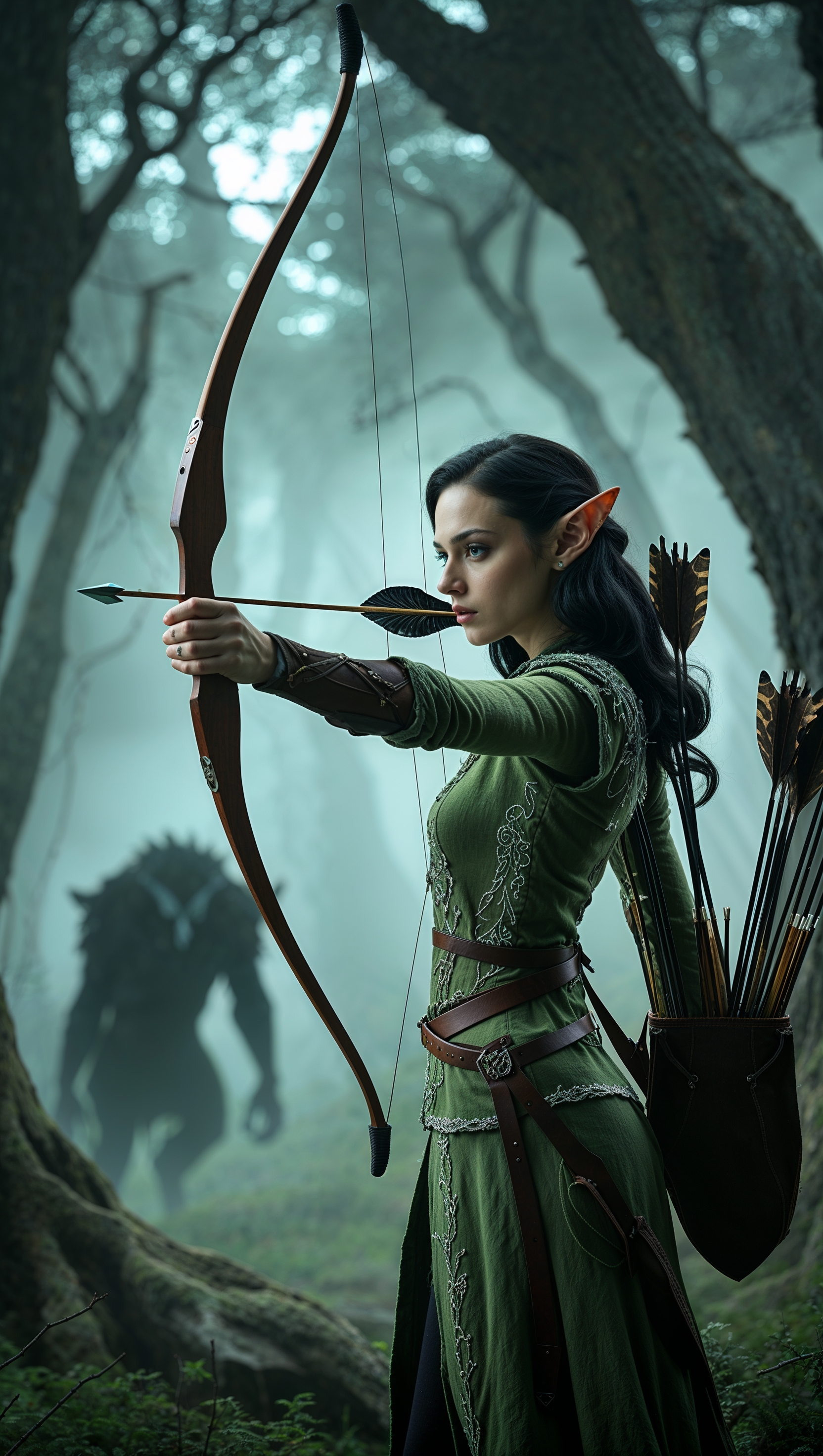 Elven archer in the woods aiming at a shadow creature