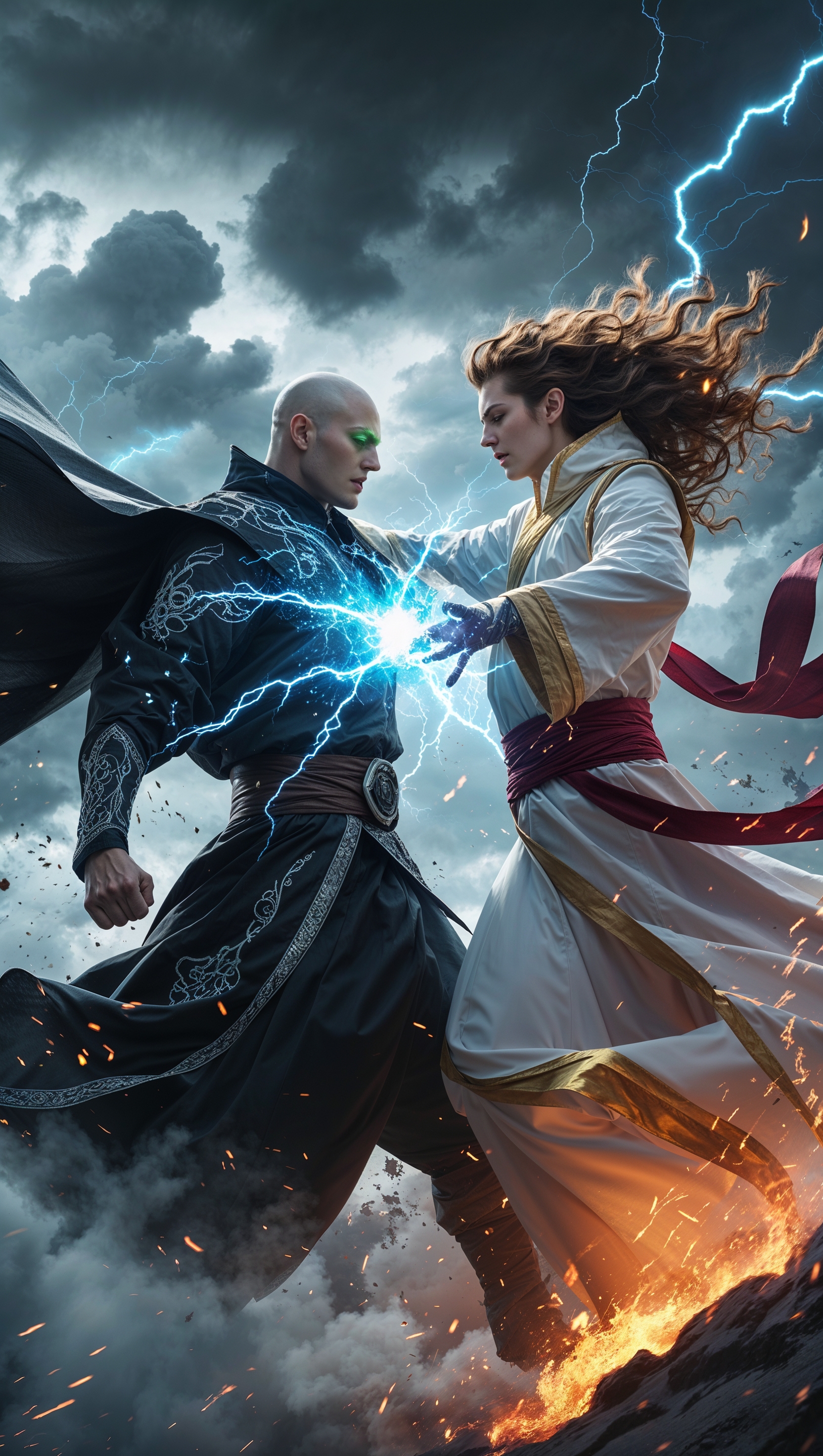 Two mages dueling in a stormy sky, lightning and energy blasts