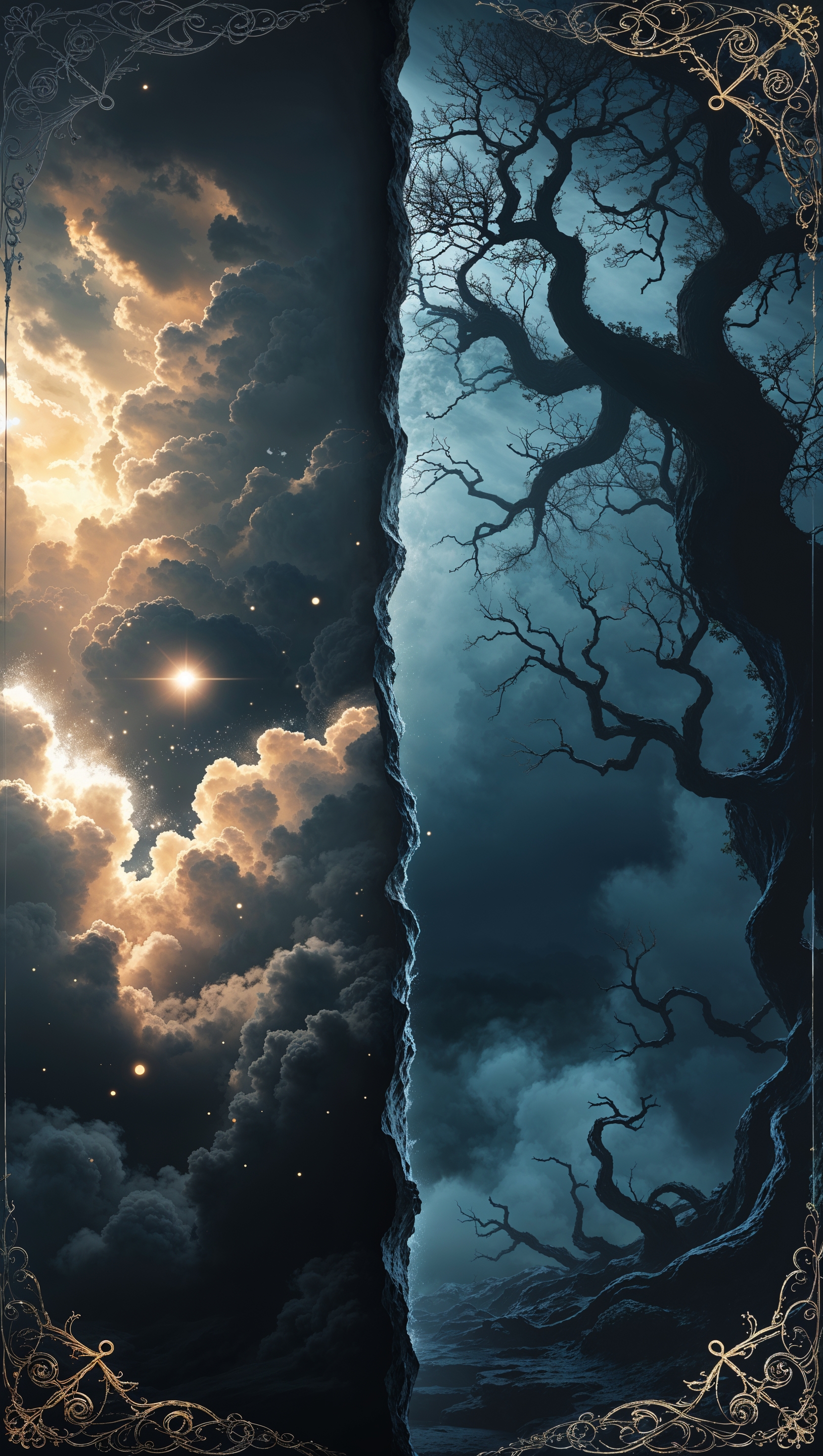 Battle between light and shadow, split-screen fantasy iPhone wallpaper