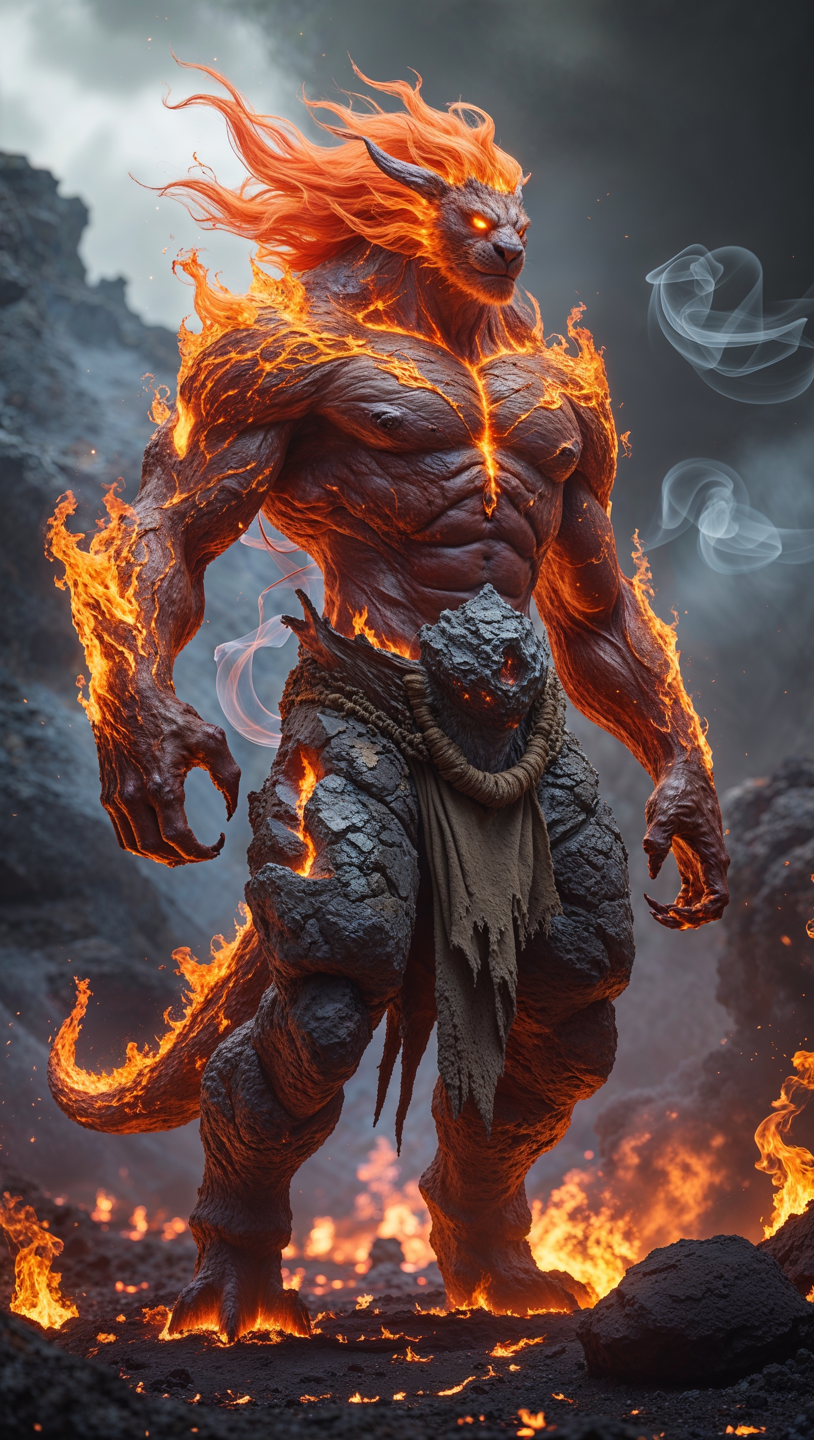 Elemental creature made of fire and earth, intense fantasy vibes