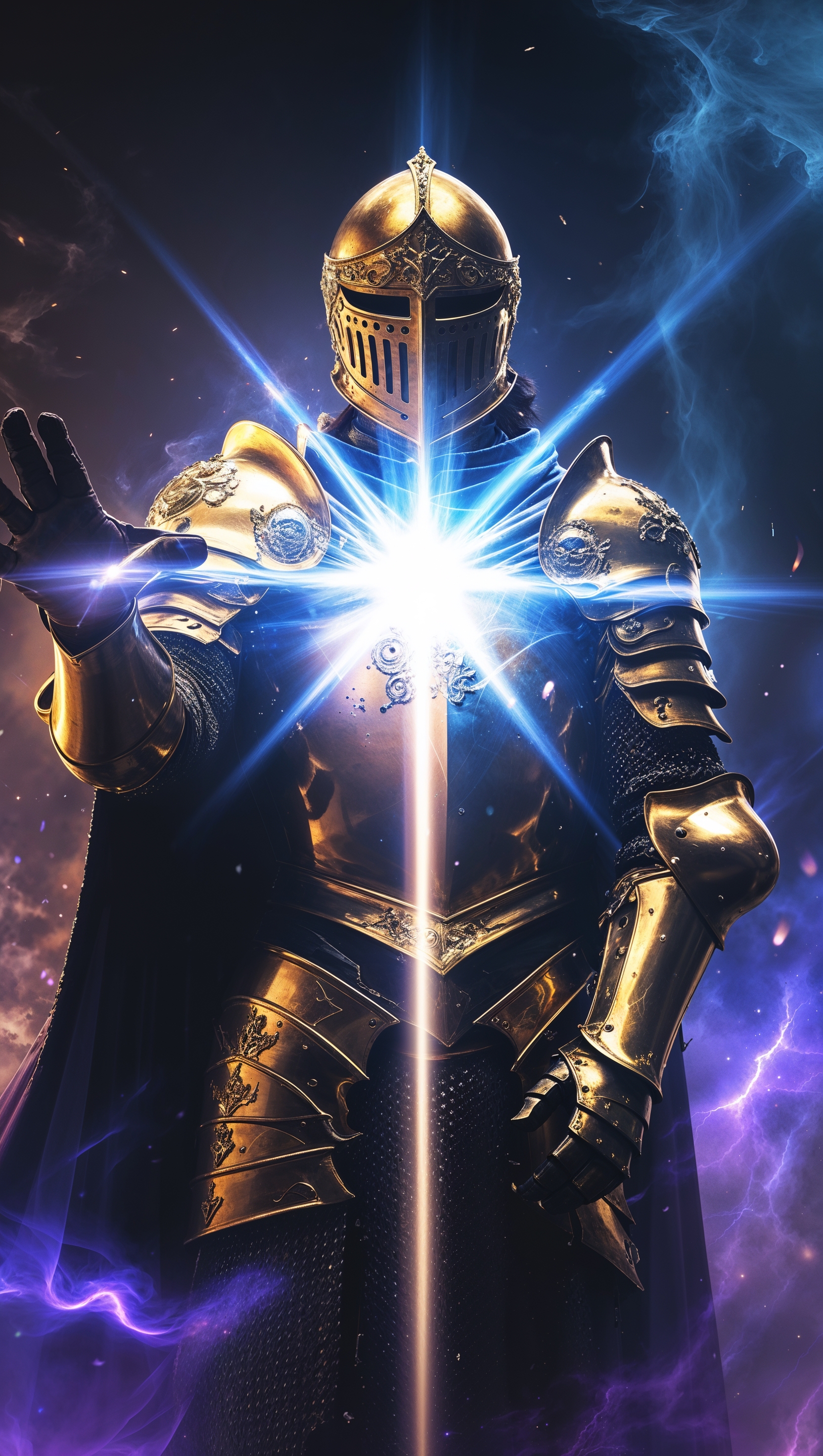 Knight in golden armor summoning light, dramatic fantasy lighting