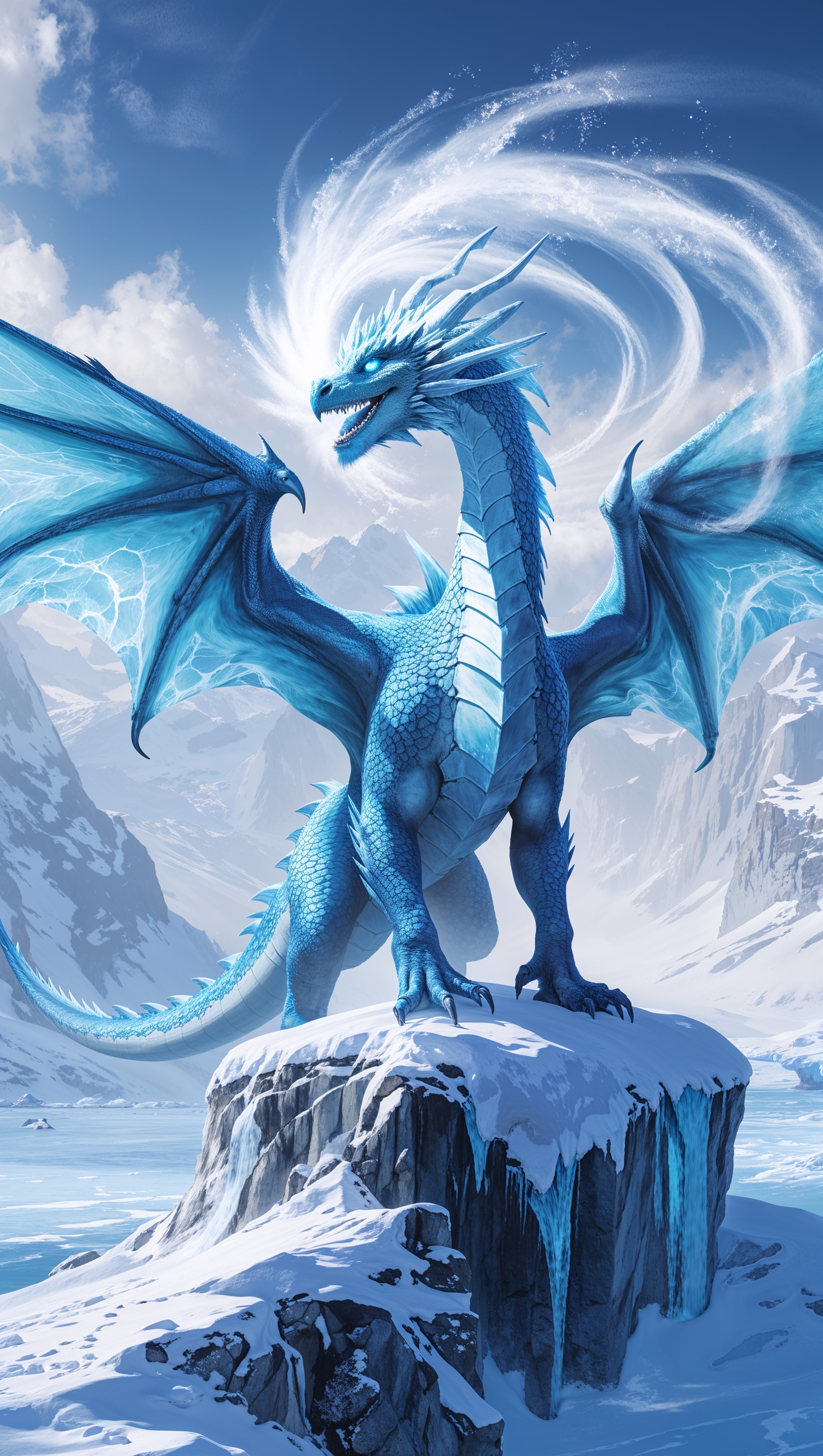 Ice dragon breathing frost in a frozen valley, blue and white color scheme