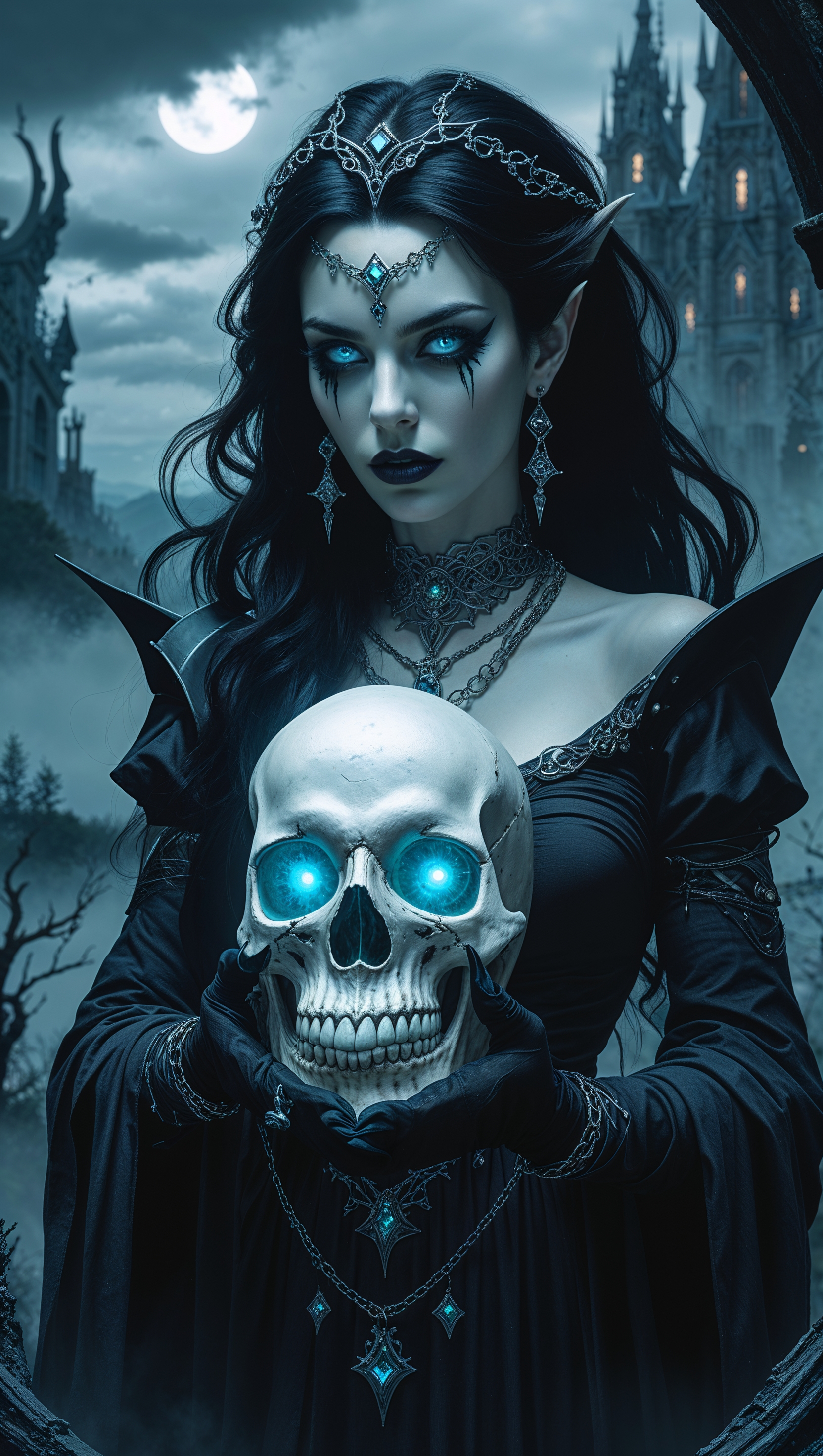 Dark sorceress holding a skull, gothic vibes, MTG themed iPhone background