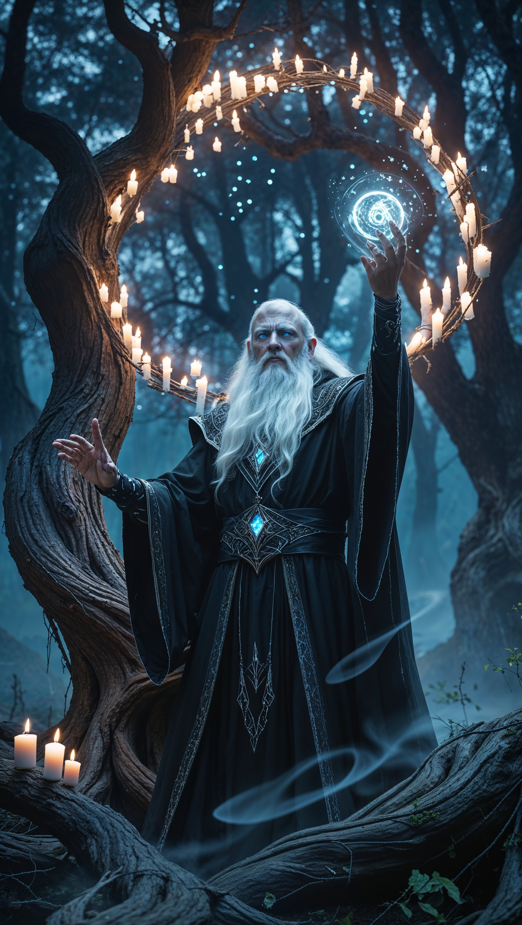 A powerful wizard casting a spell in a dark forest, Magic the Gathering style, iPhone wallpaper