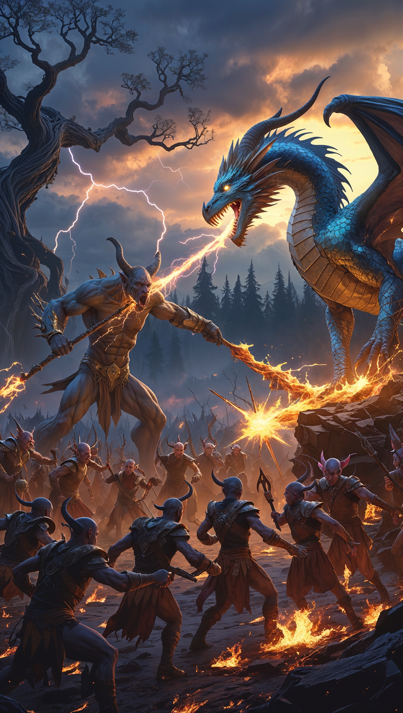 Fiery battlefield with magical creatures clashing, Magic the Gathering vibe