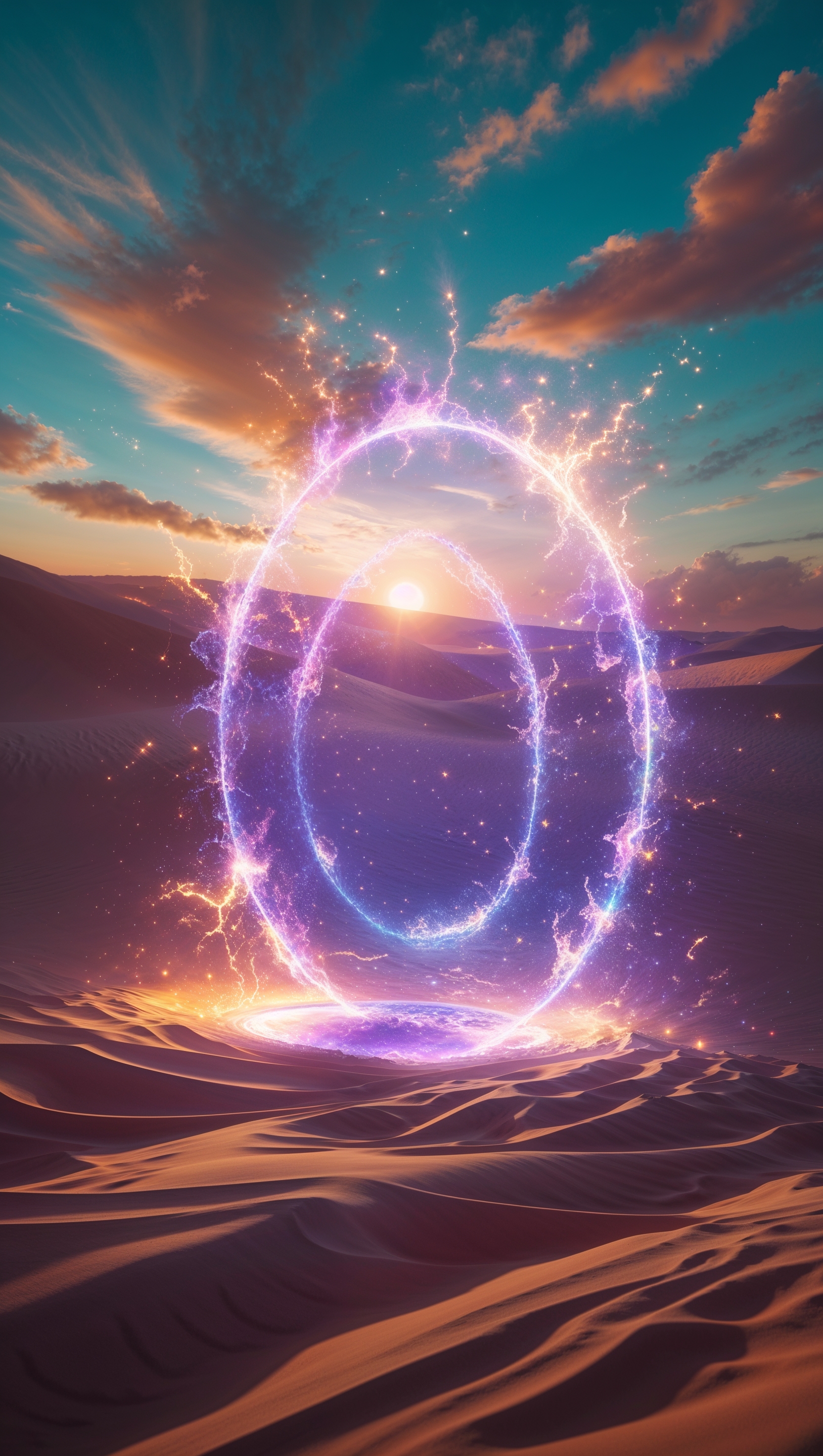 Portal opening in the middle of a desert, glowing with mystic energy