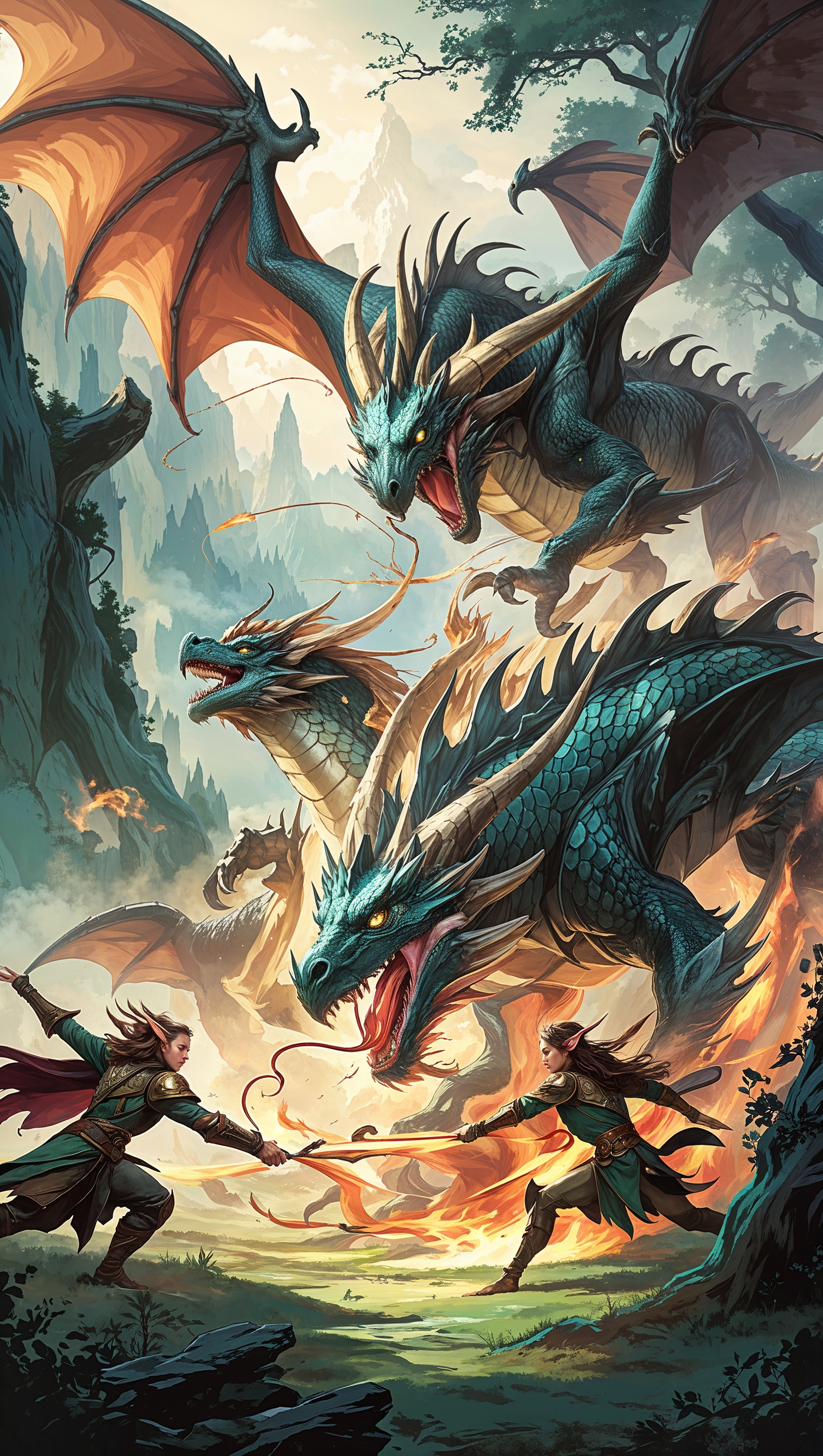 Epic battle between dragons and elves, high fantasy, Magic the Gathering aesthetic