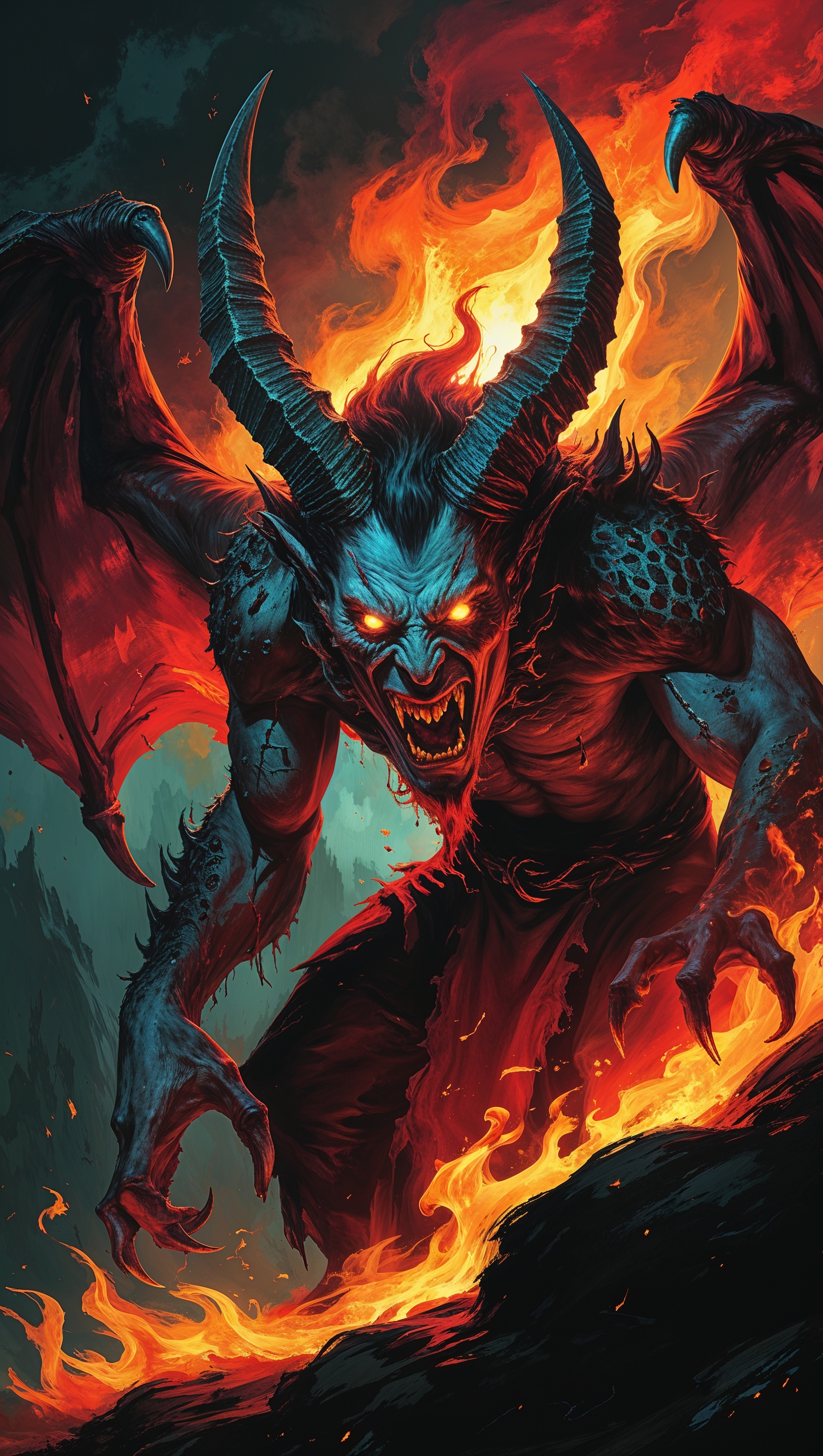 Demonic creature with glowing eyes, fiery background, MTG horror style