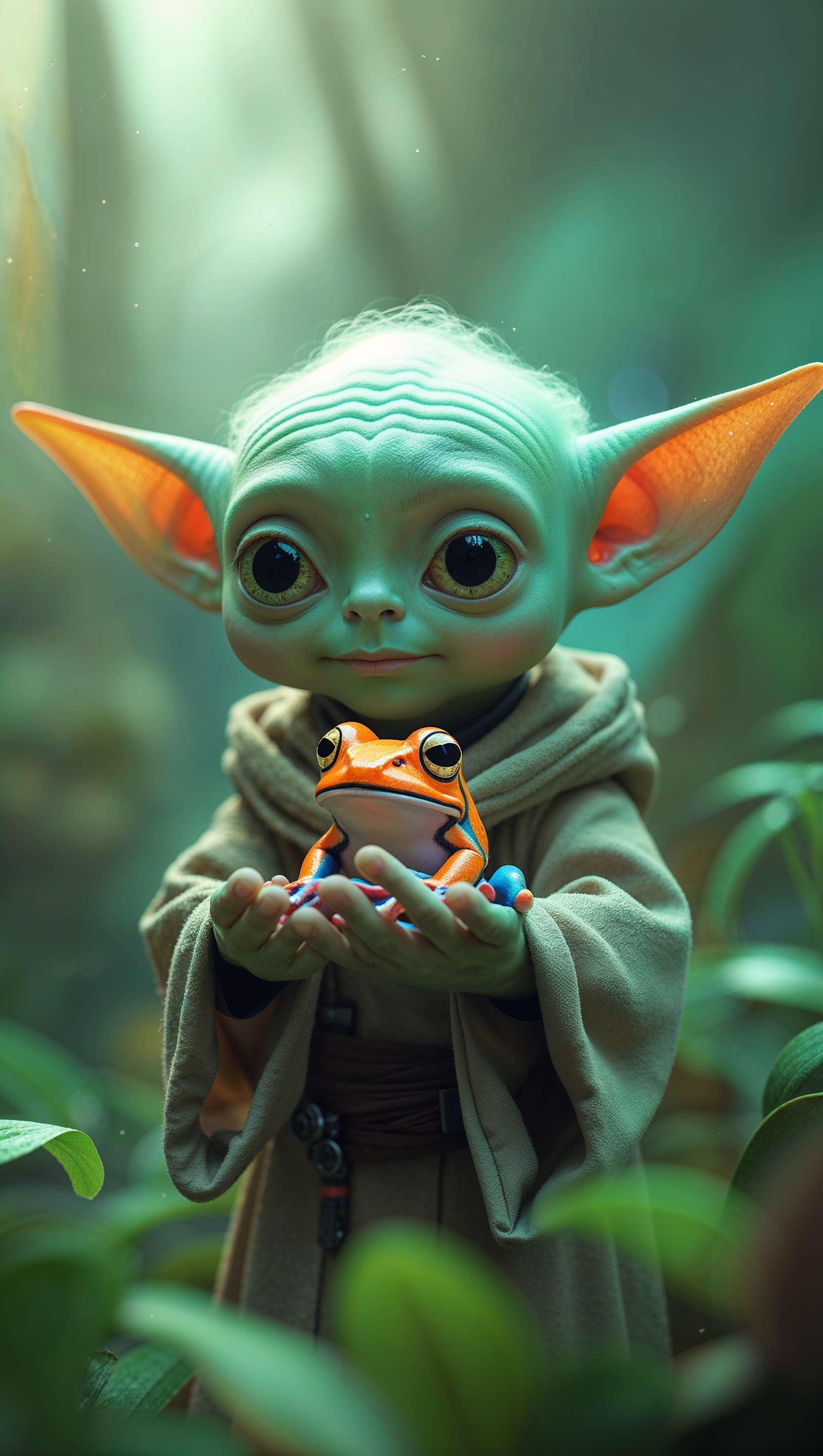 Grogu playing with a small frog on a lush green planet