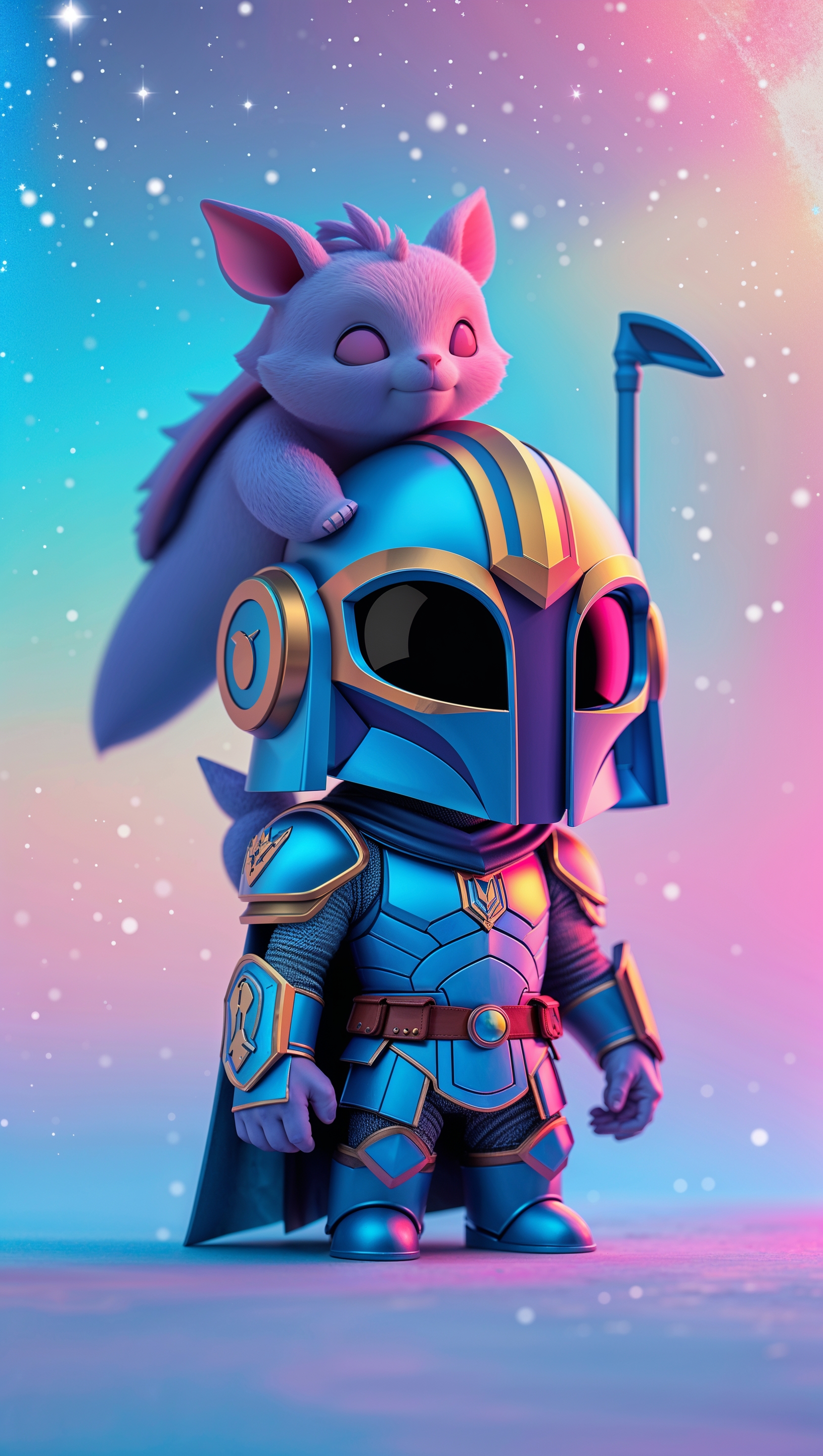 Mandalorian and Grogu in a cute chibi cartoon style