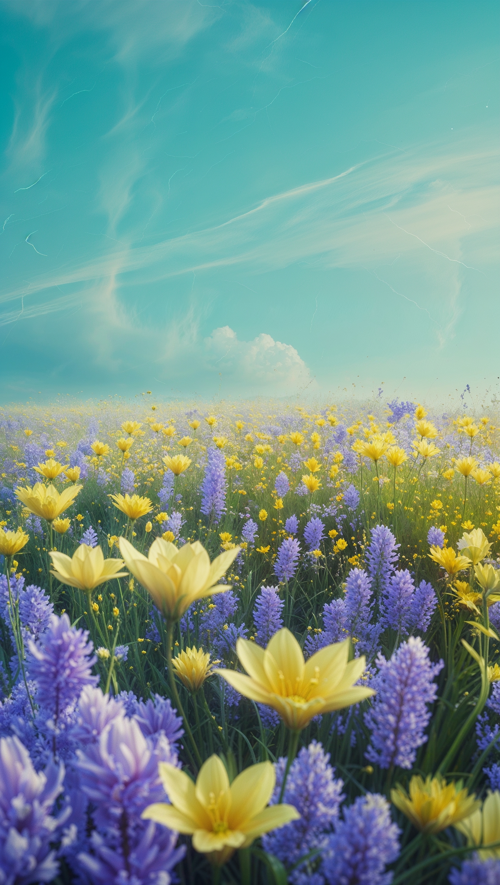 A field full of yellow and purple flowers in March