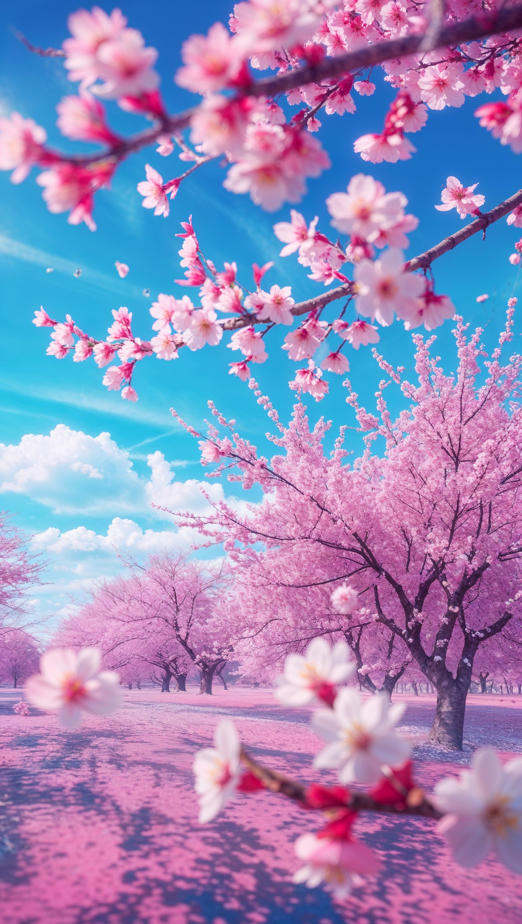 A scenic view of cherry blossoms in March with a bright blue sky