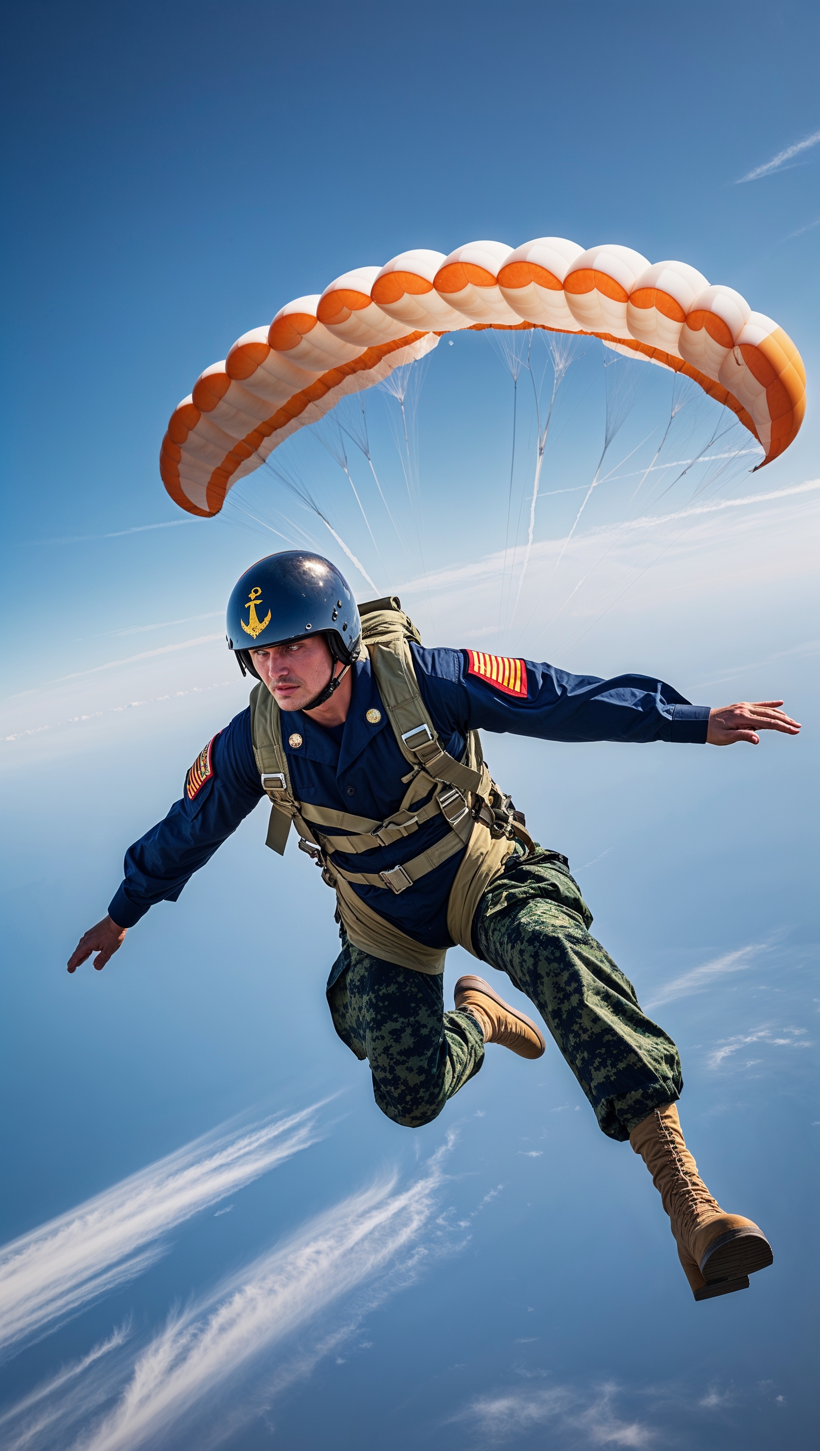 A marine soldier parachuting from an airplane at high altitude