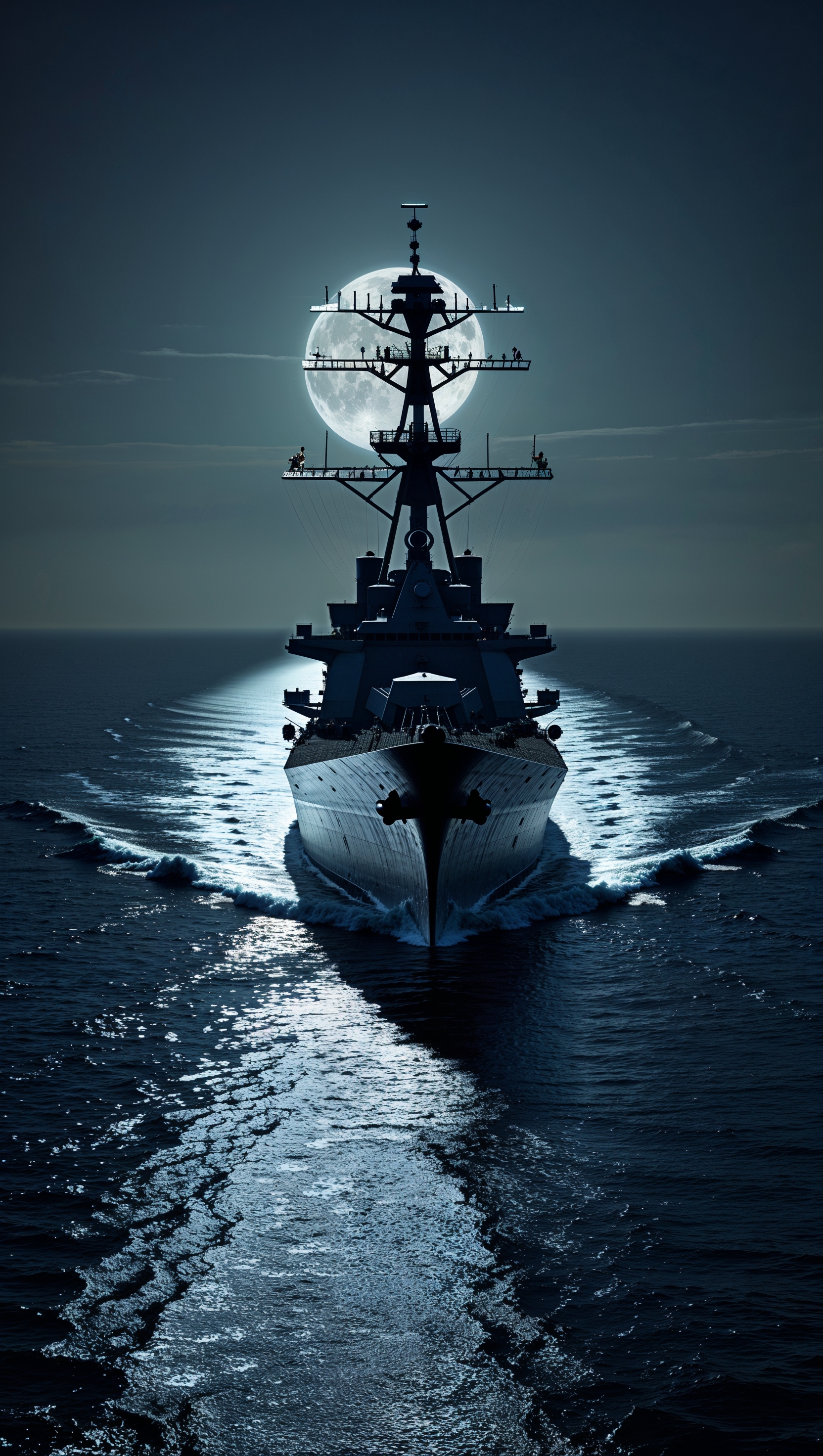 An image of a warship moving at night with moonlight