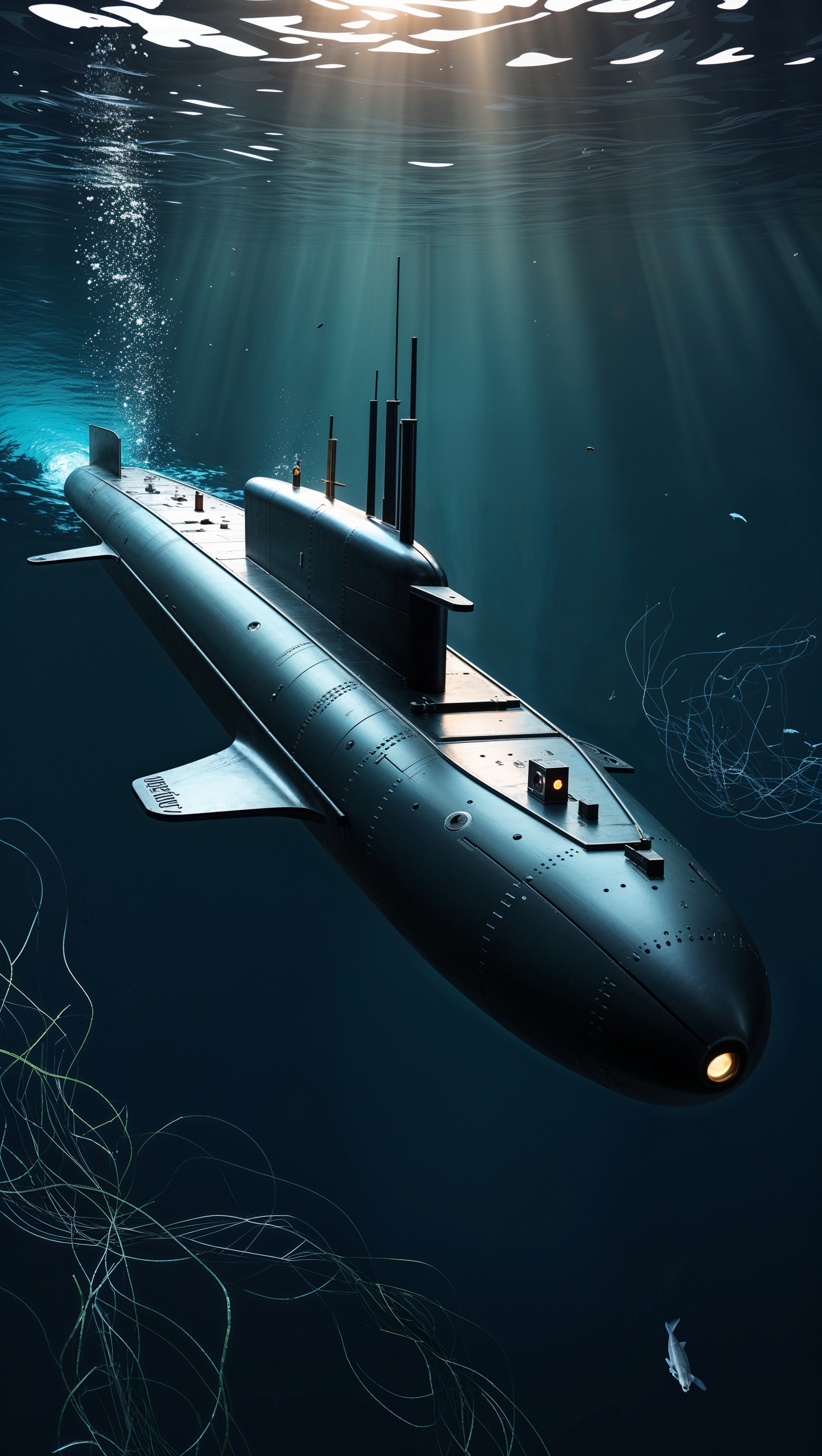 iPhone wallpaper with an image of a submarine moving in deep water
