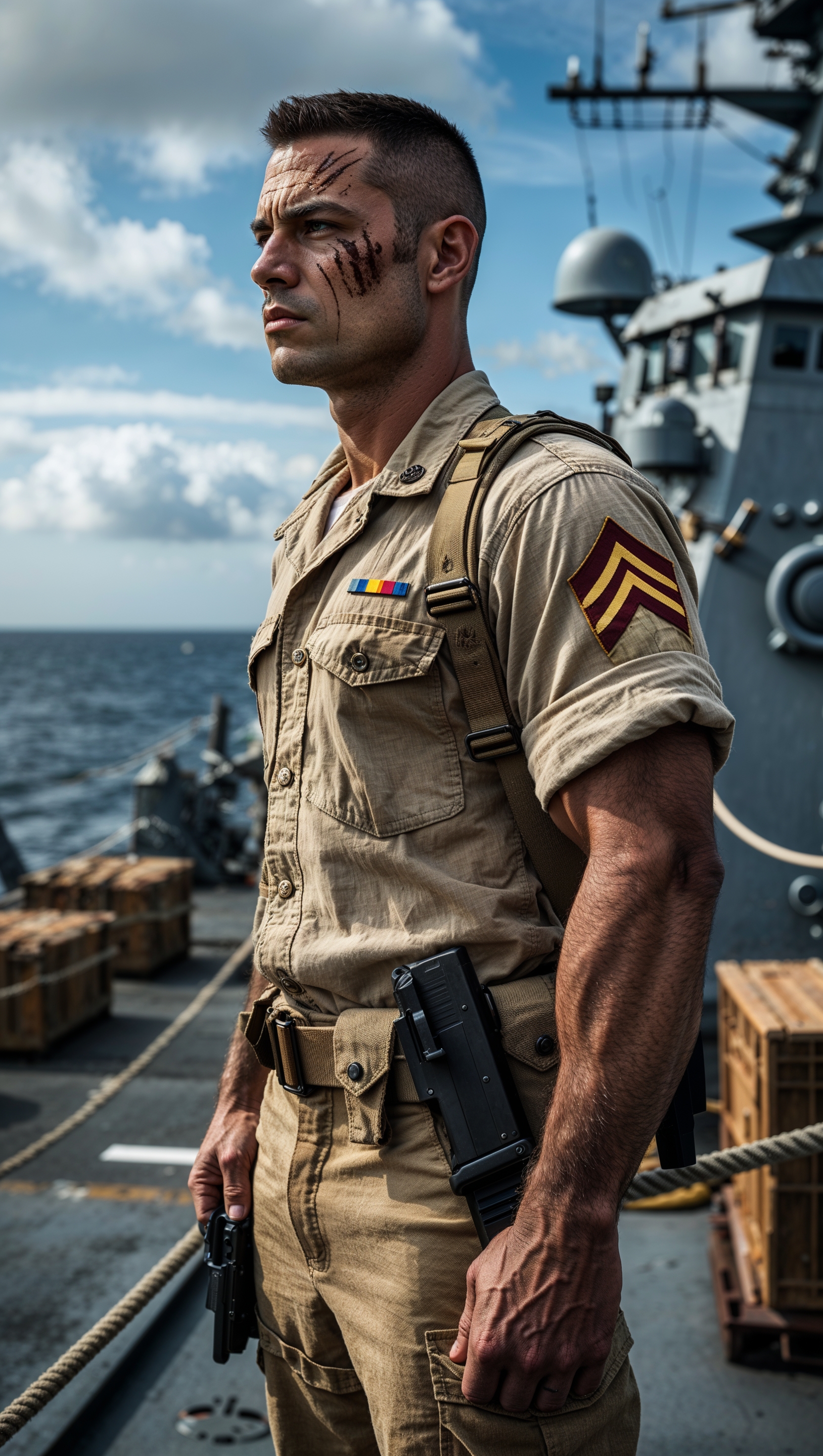 An image of a marine soldier on standby aboard a ship