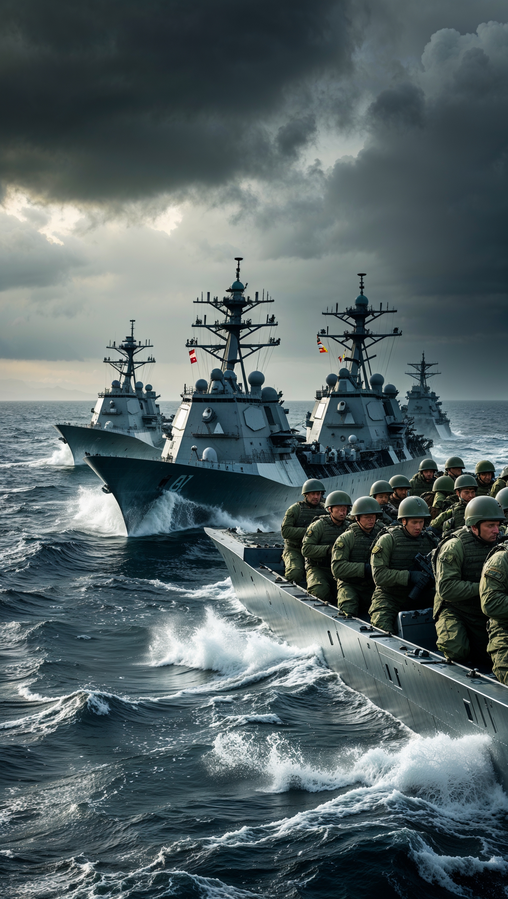 An image of a marine force crossing the sea with warships