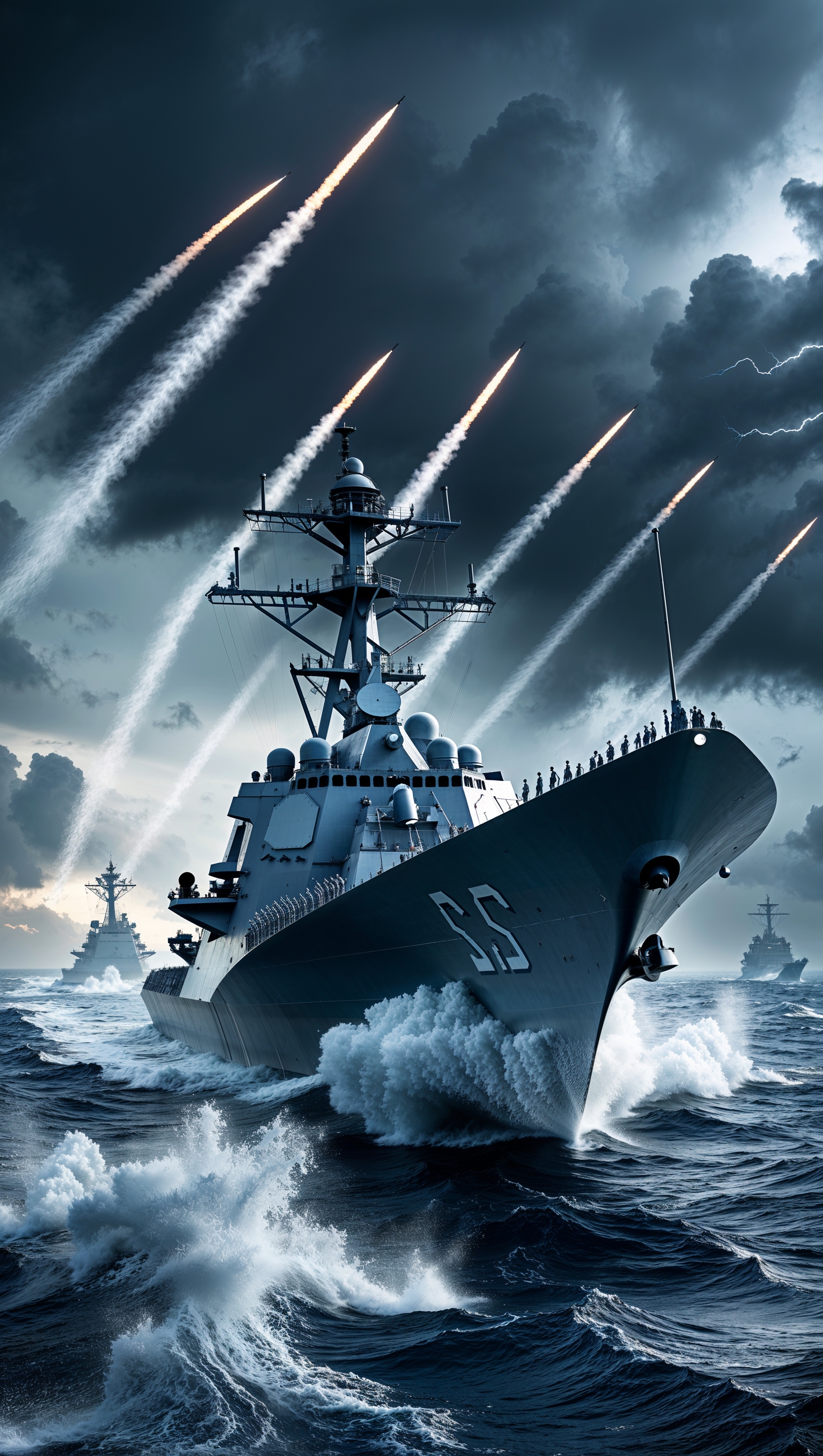 A picture of a warship firing missiles into the sky