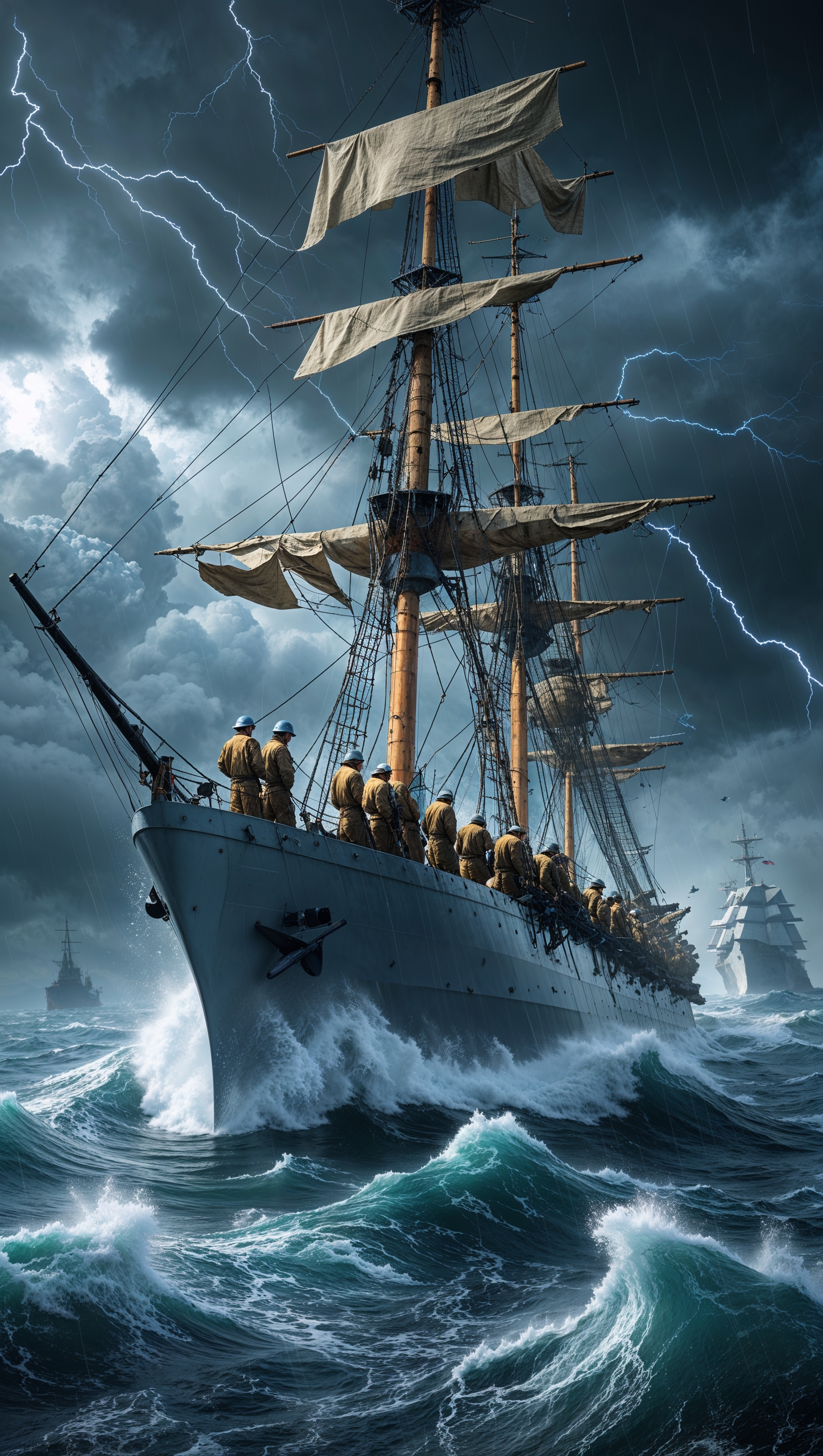 An image of a marine warship battling a storm