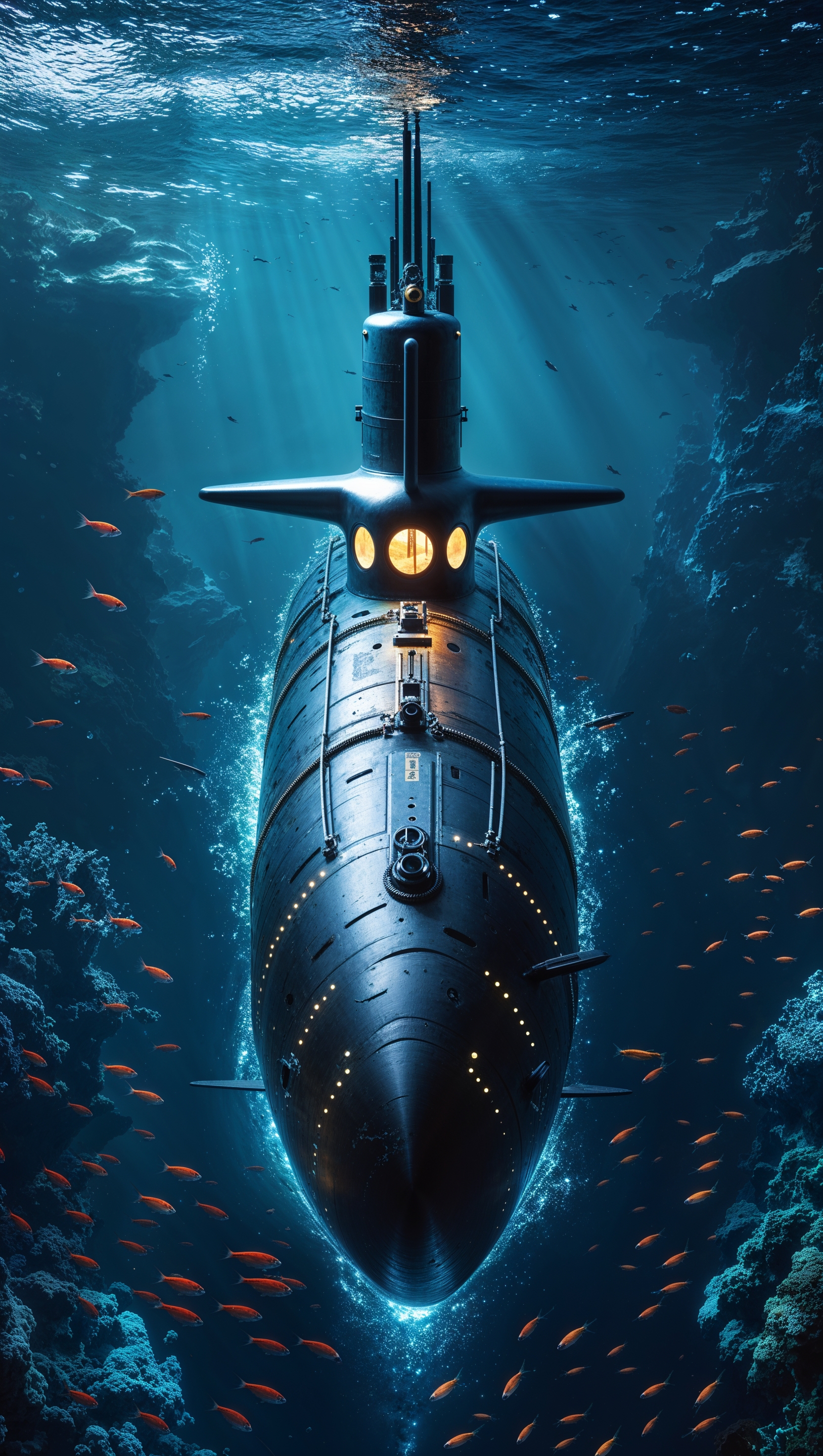 An image of a marine submarine deep in the ocean