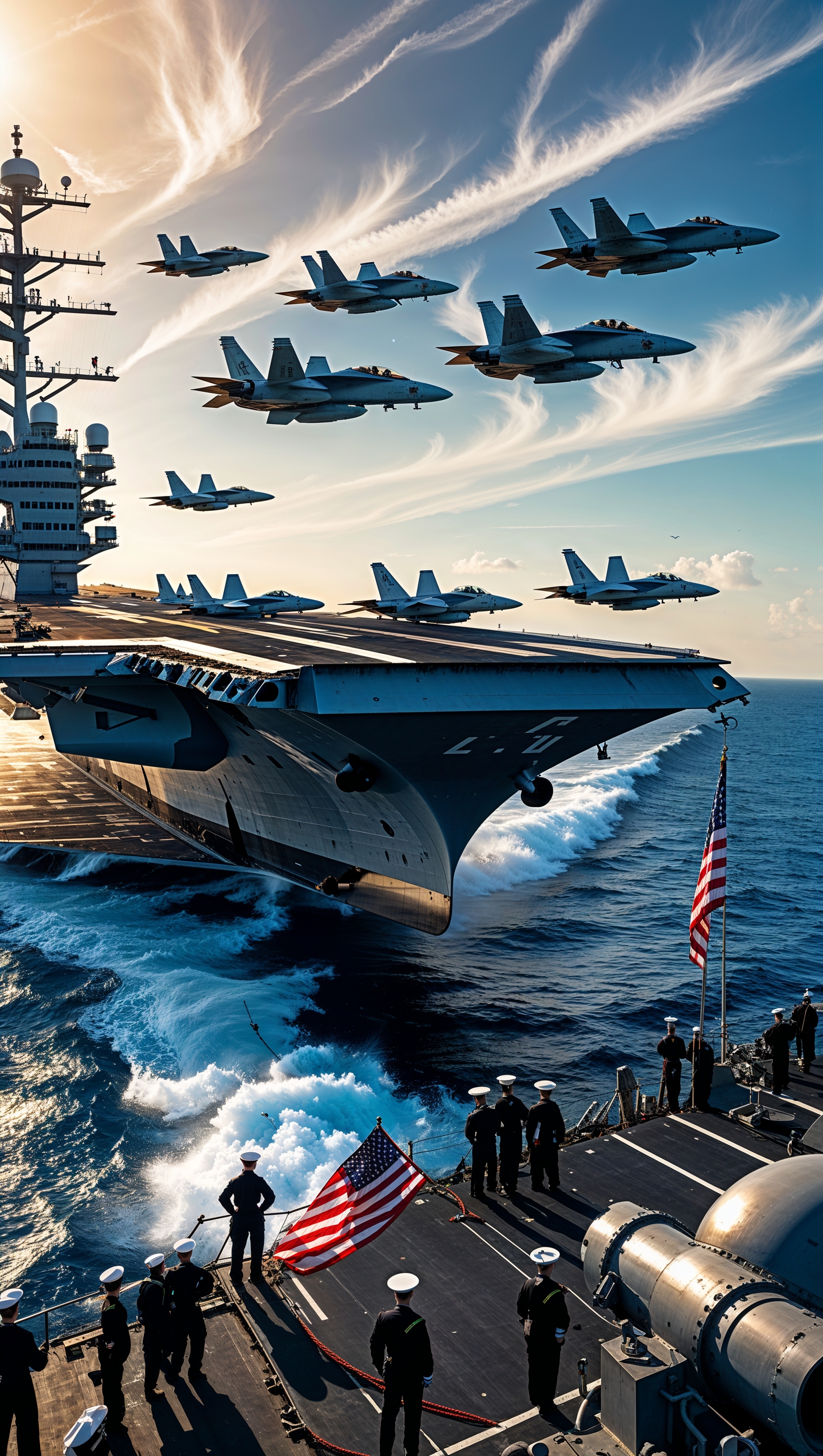 An image of an aircraft carrier launching planes into the sky