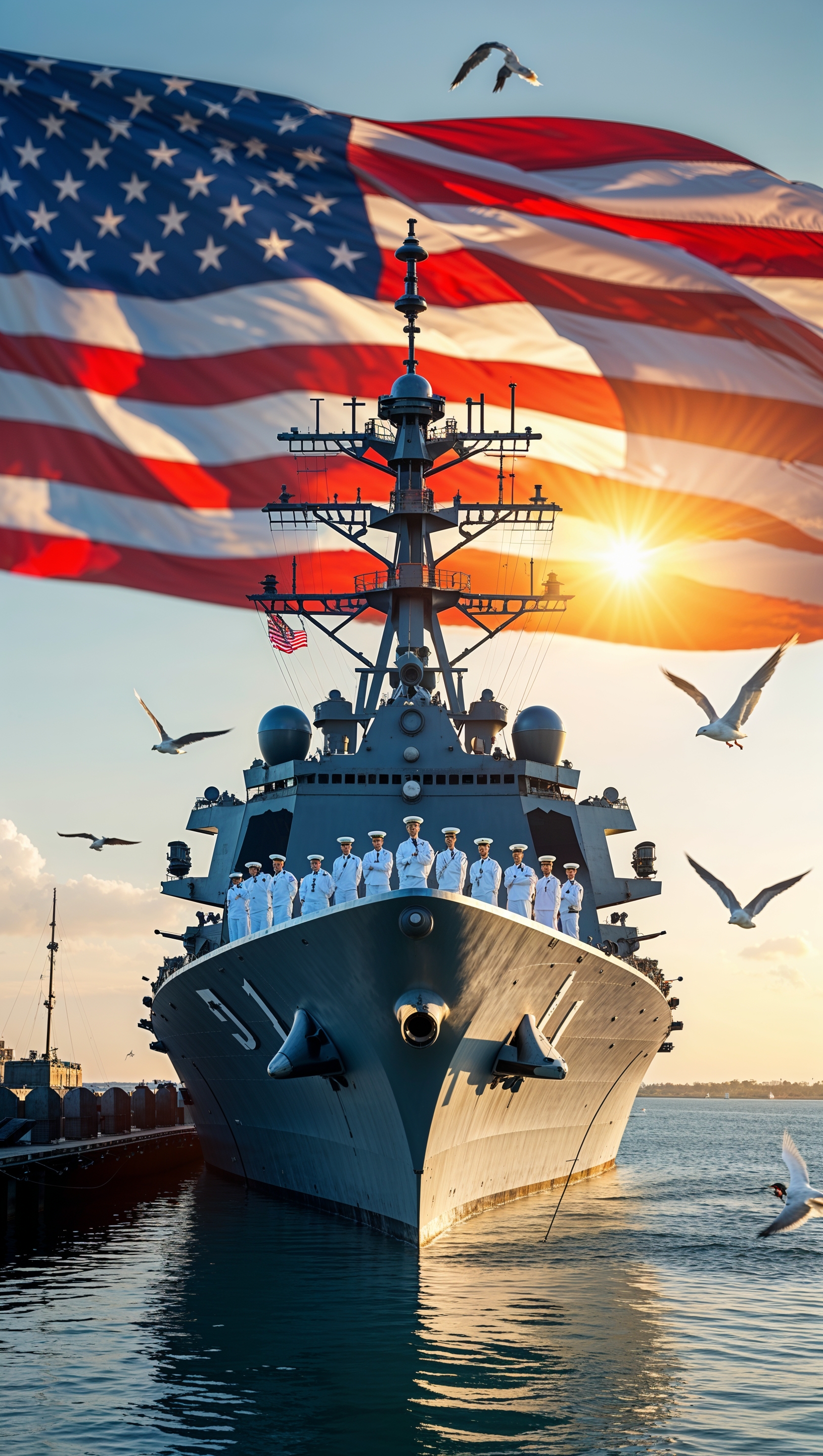 An image of a marine warship with an American flag in the background