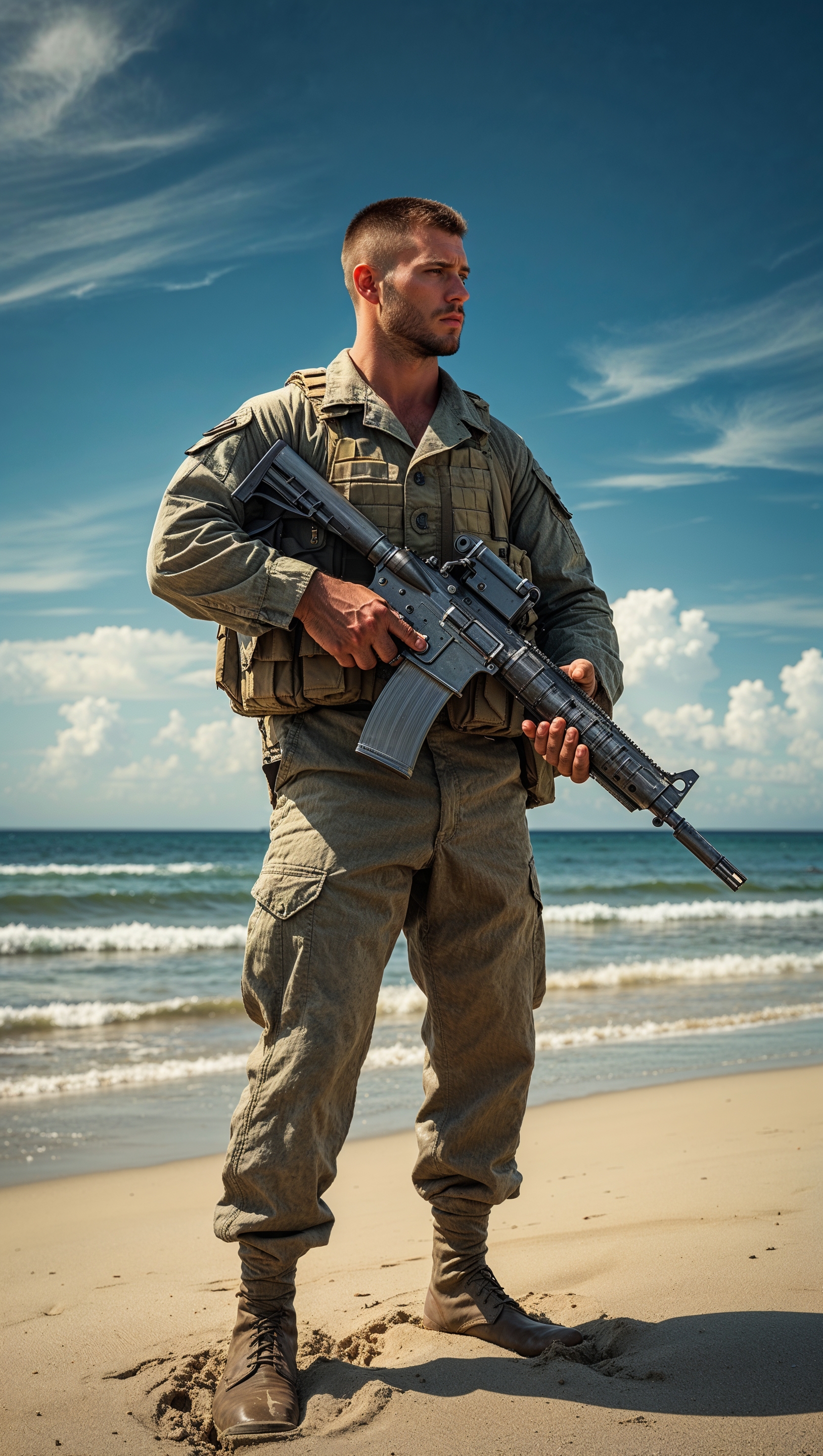 A marine soldier holding a weapon in his hands on the beach