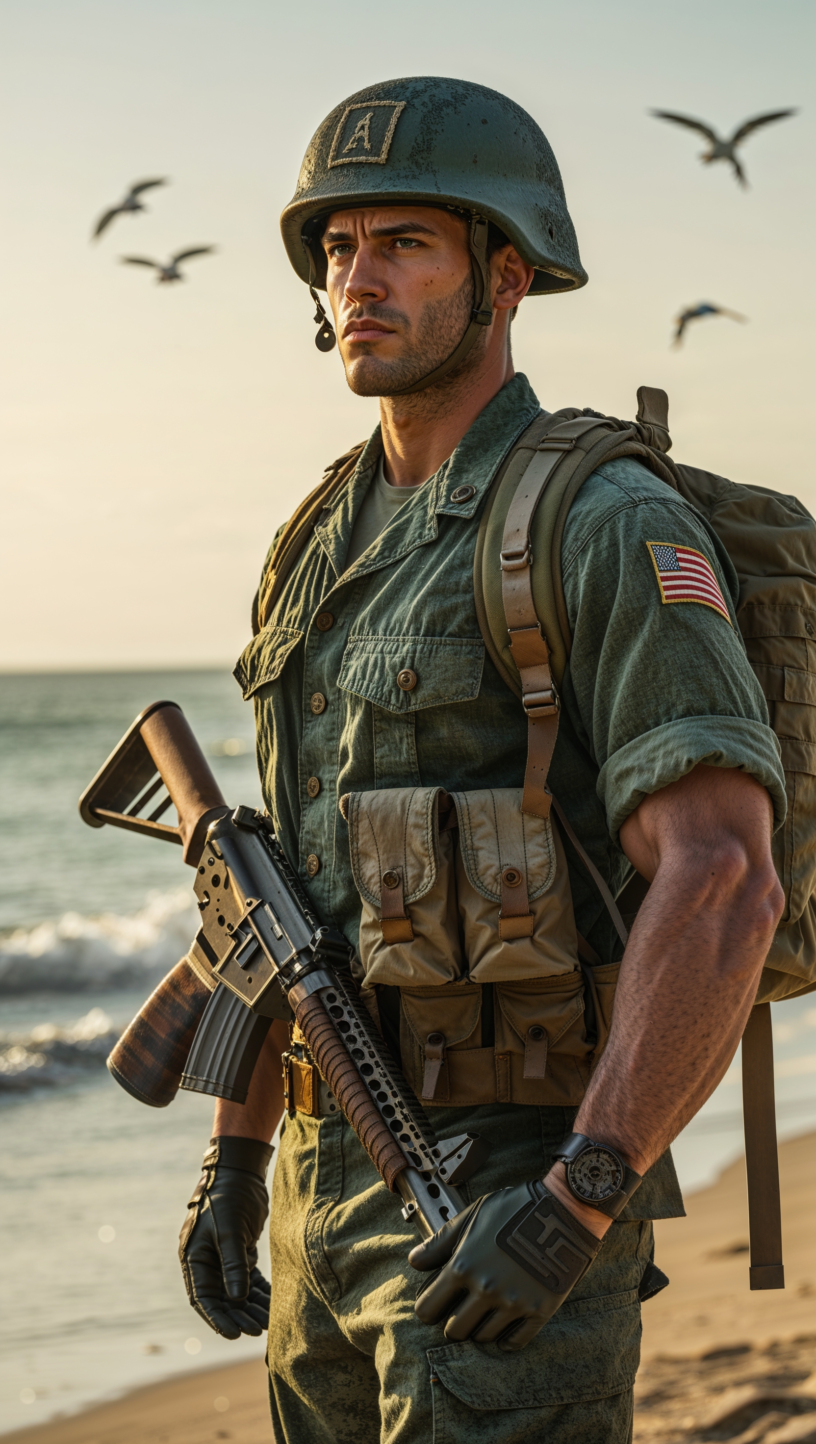 A marine soldier fully equipped patrolling the beach