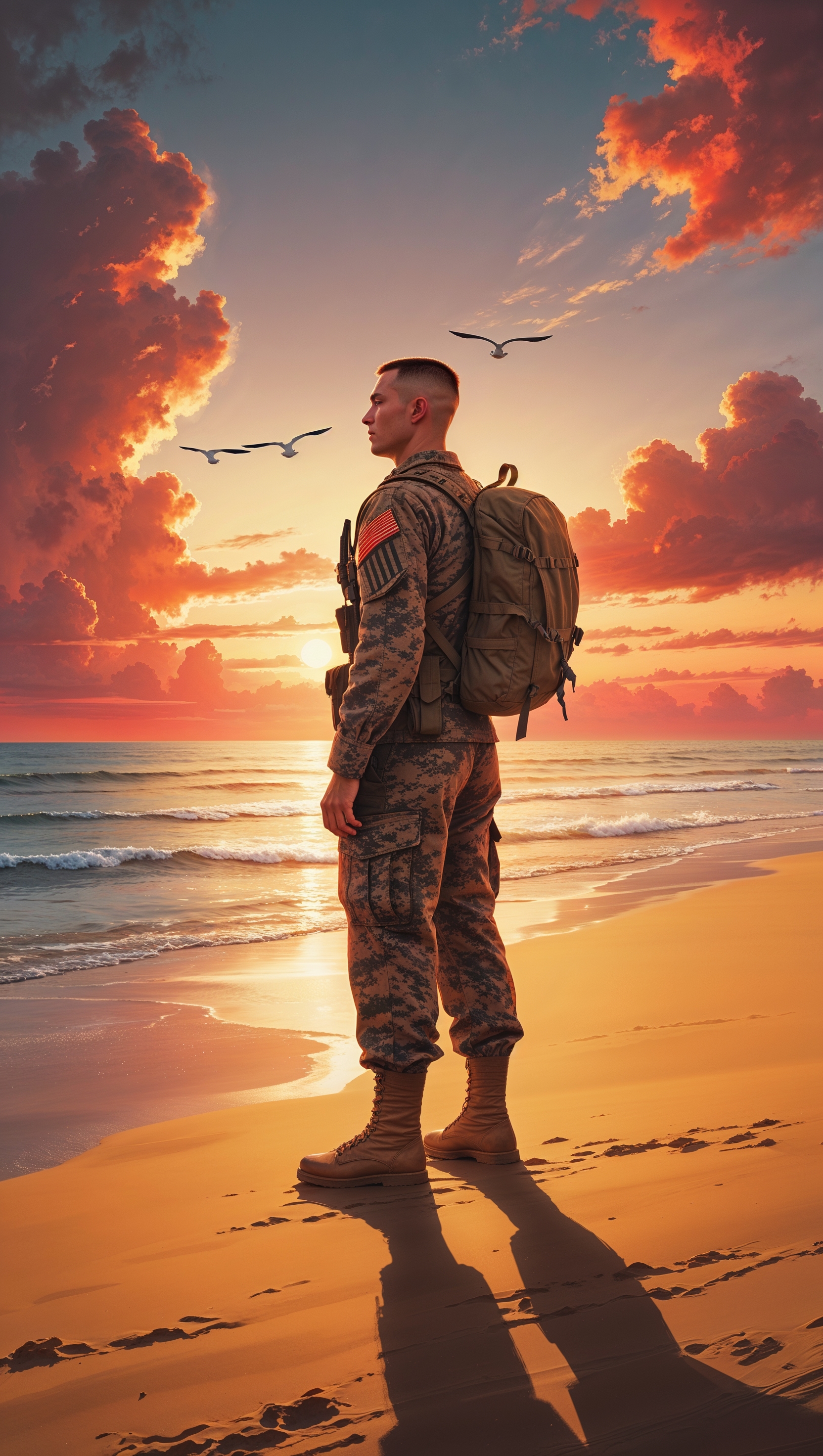 Design of a marine corps on the beach with a sunset background