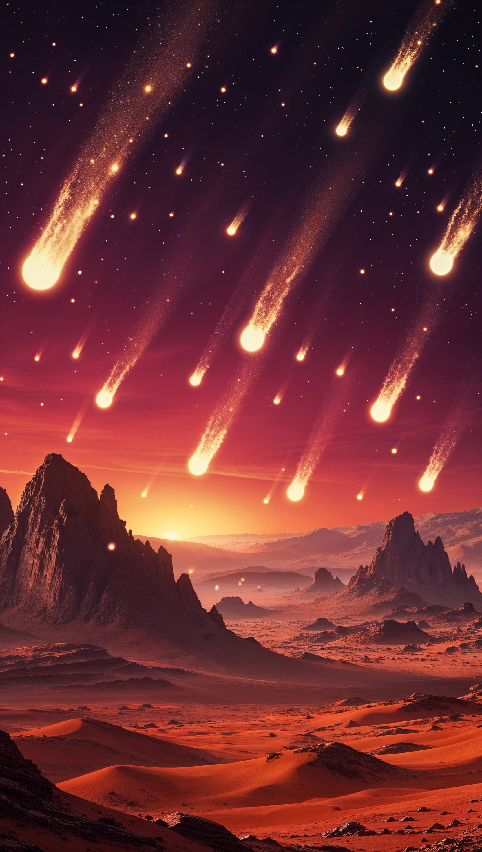 Mars with sky full of glowing meteors