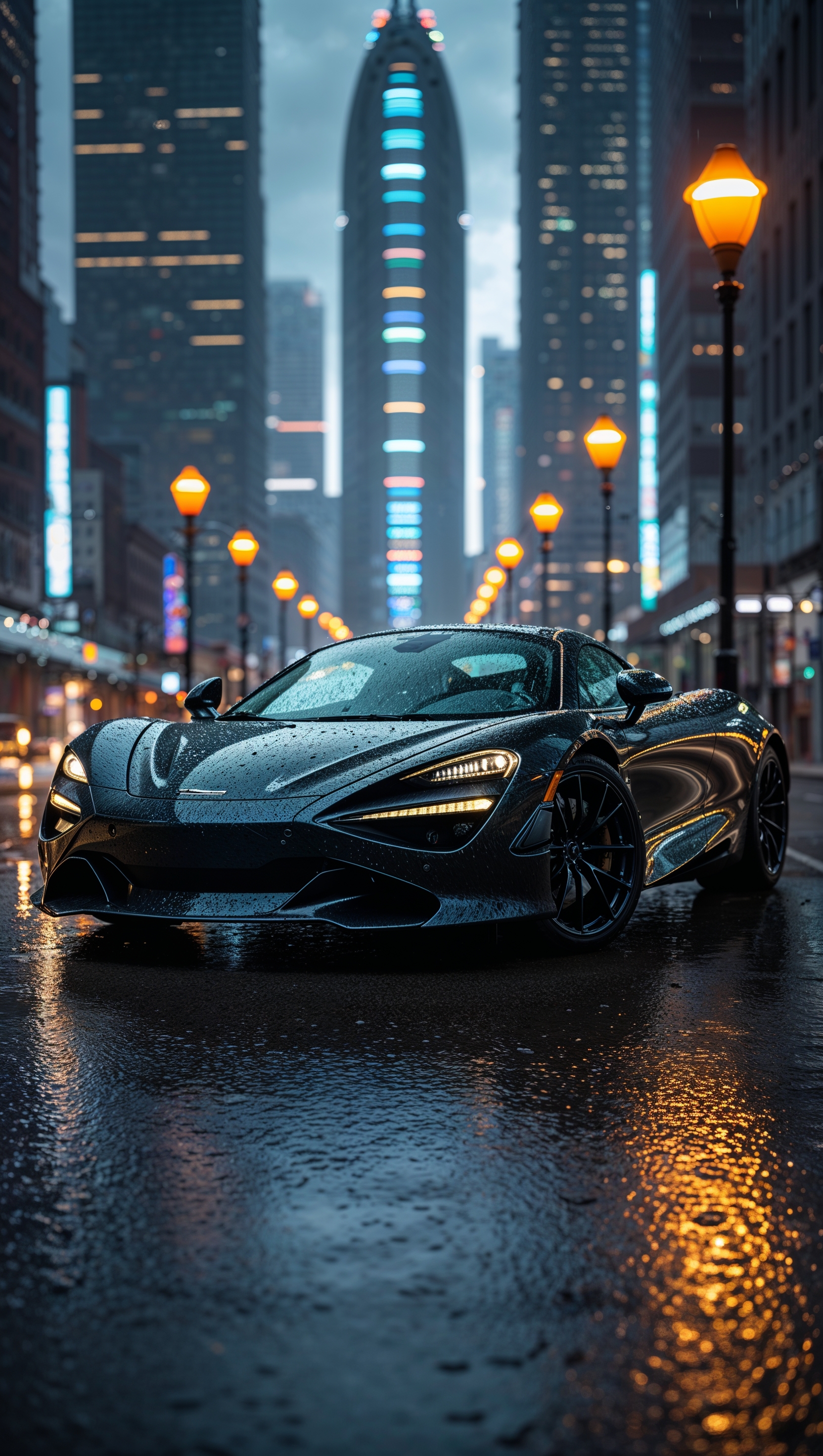 Black McLaren in the rain with street reflections