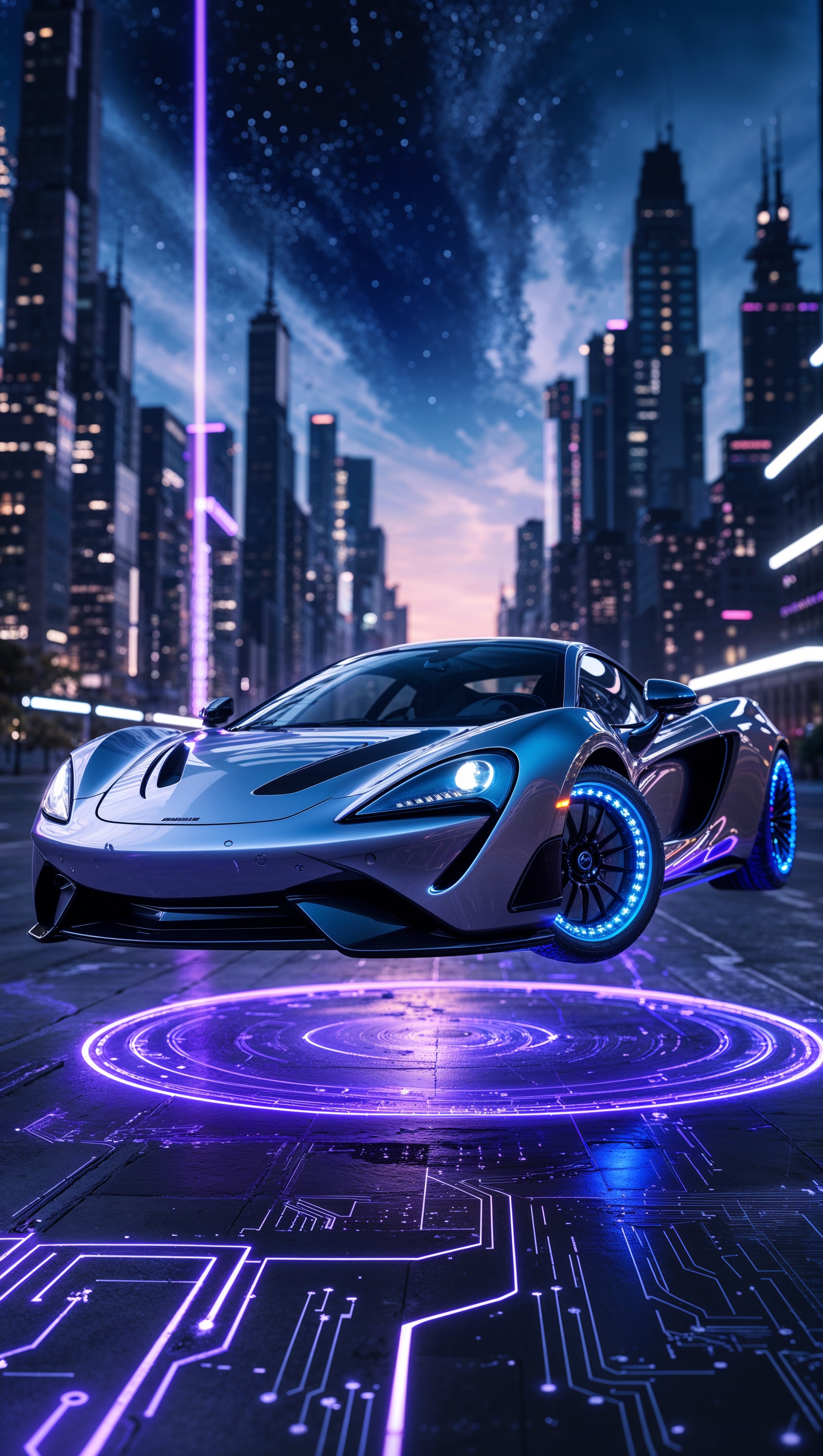 McLaren in a sci-fi environment with purple and blue neon lights