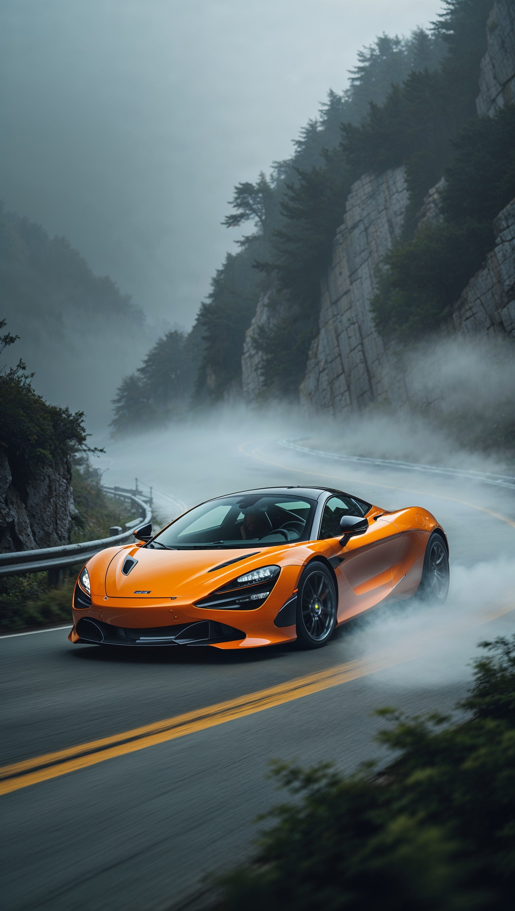 McLaren on a curvy mountain road with fog