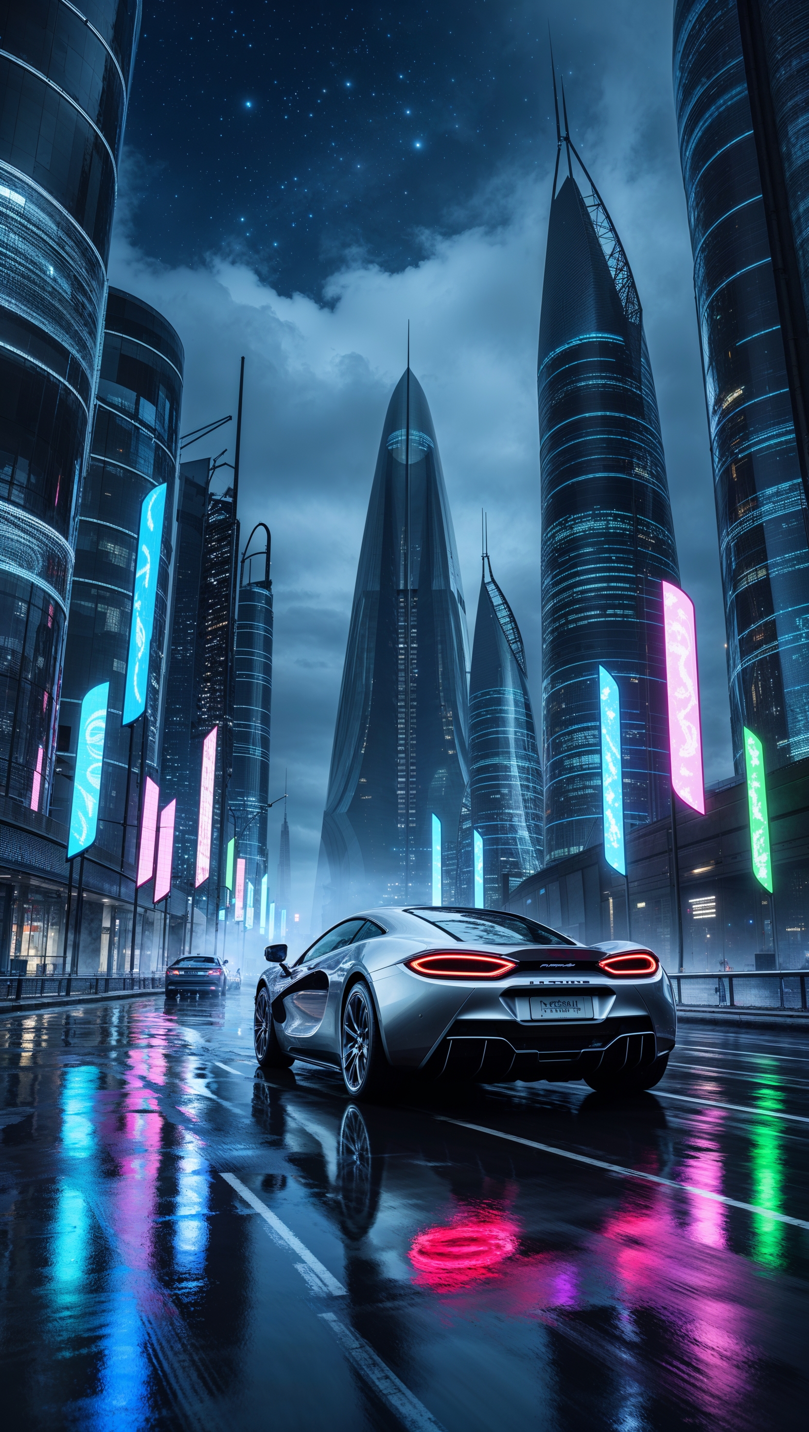 McLaren in a futuristic city with modern skyscrapers