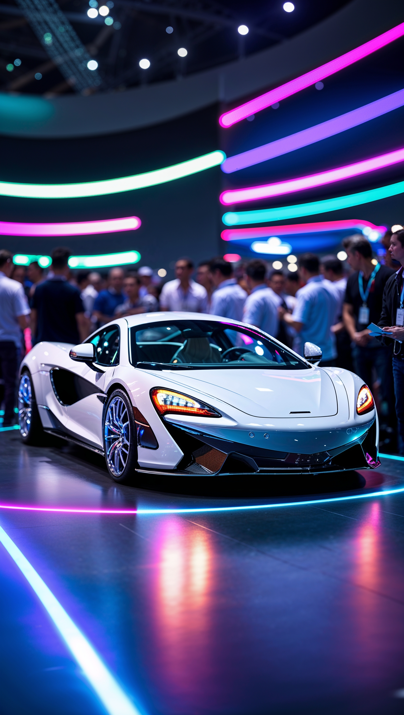 White McLaren with colorful lights in a car show