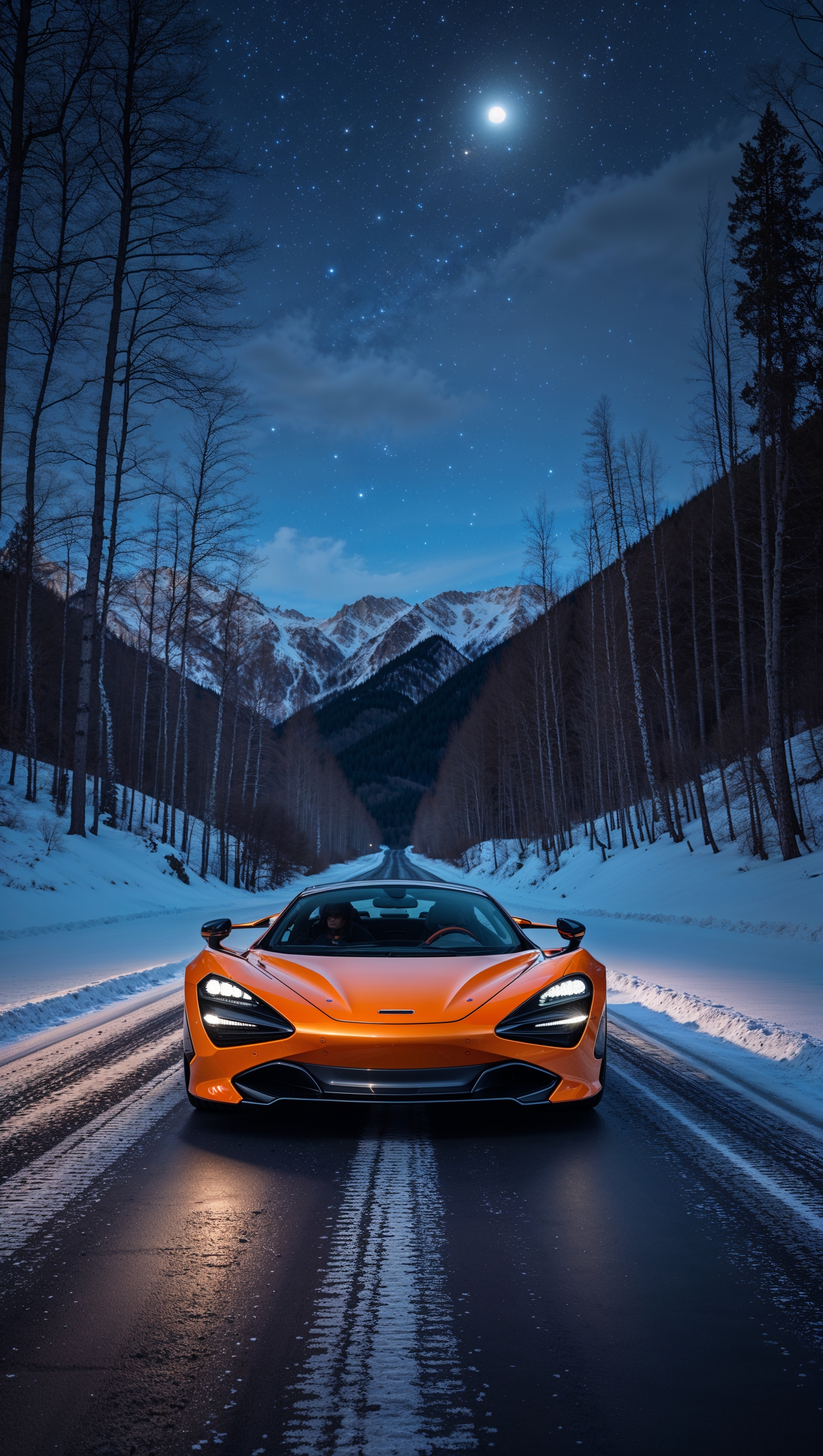 McLaren on a snowy road under night sky