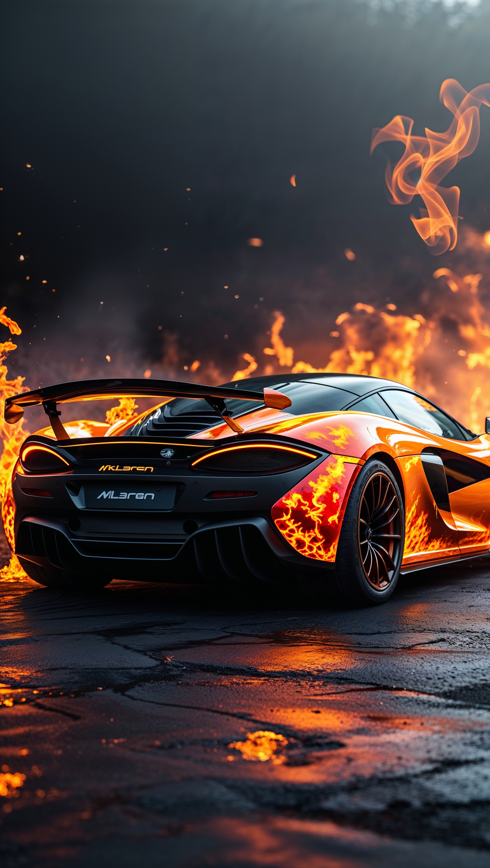 McLaren with orange glowing backlight and flames