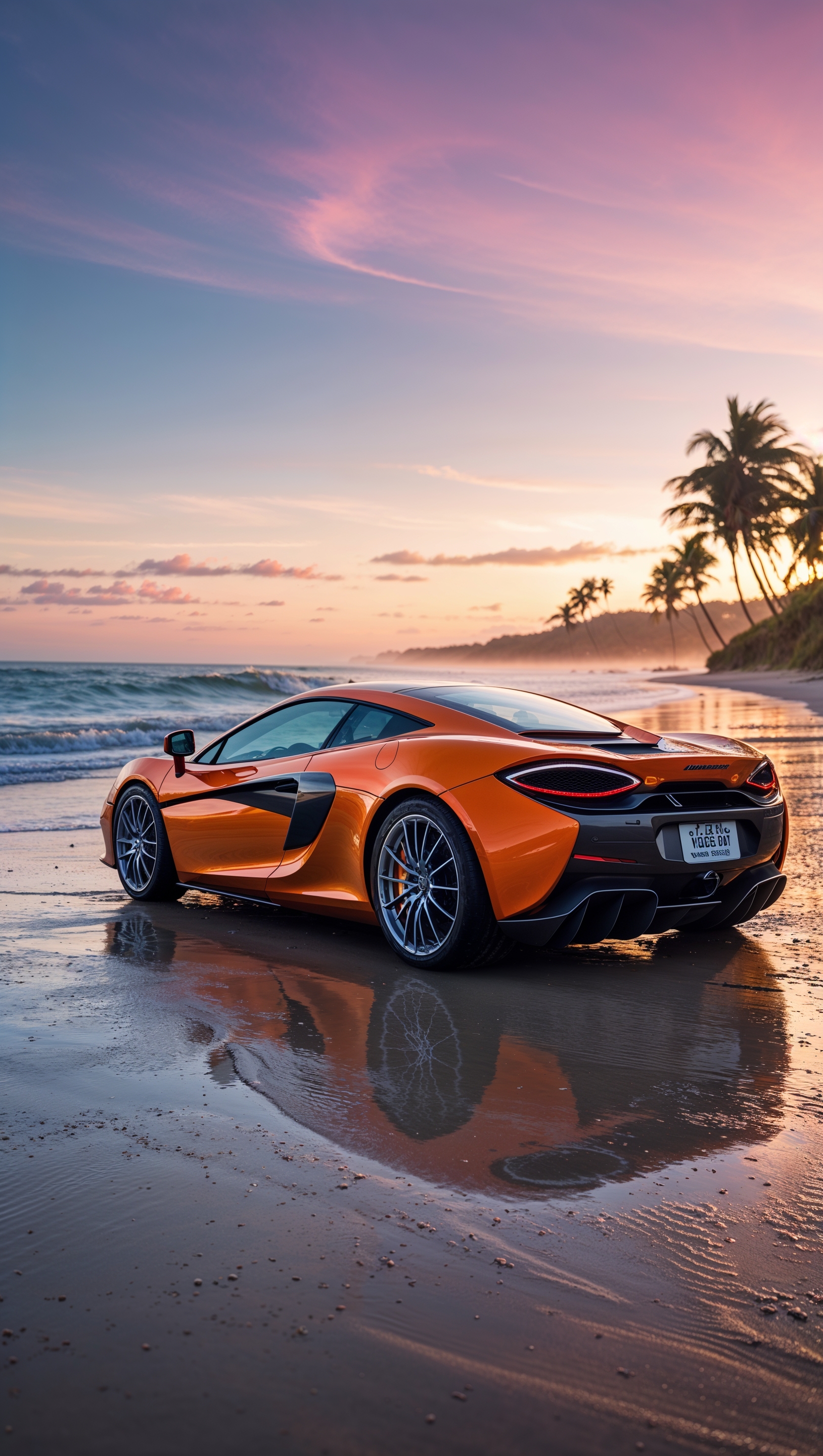 McLaren parked by the beach at sunrise