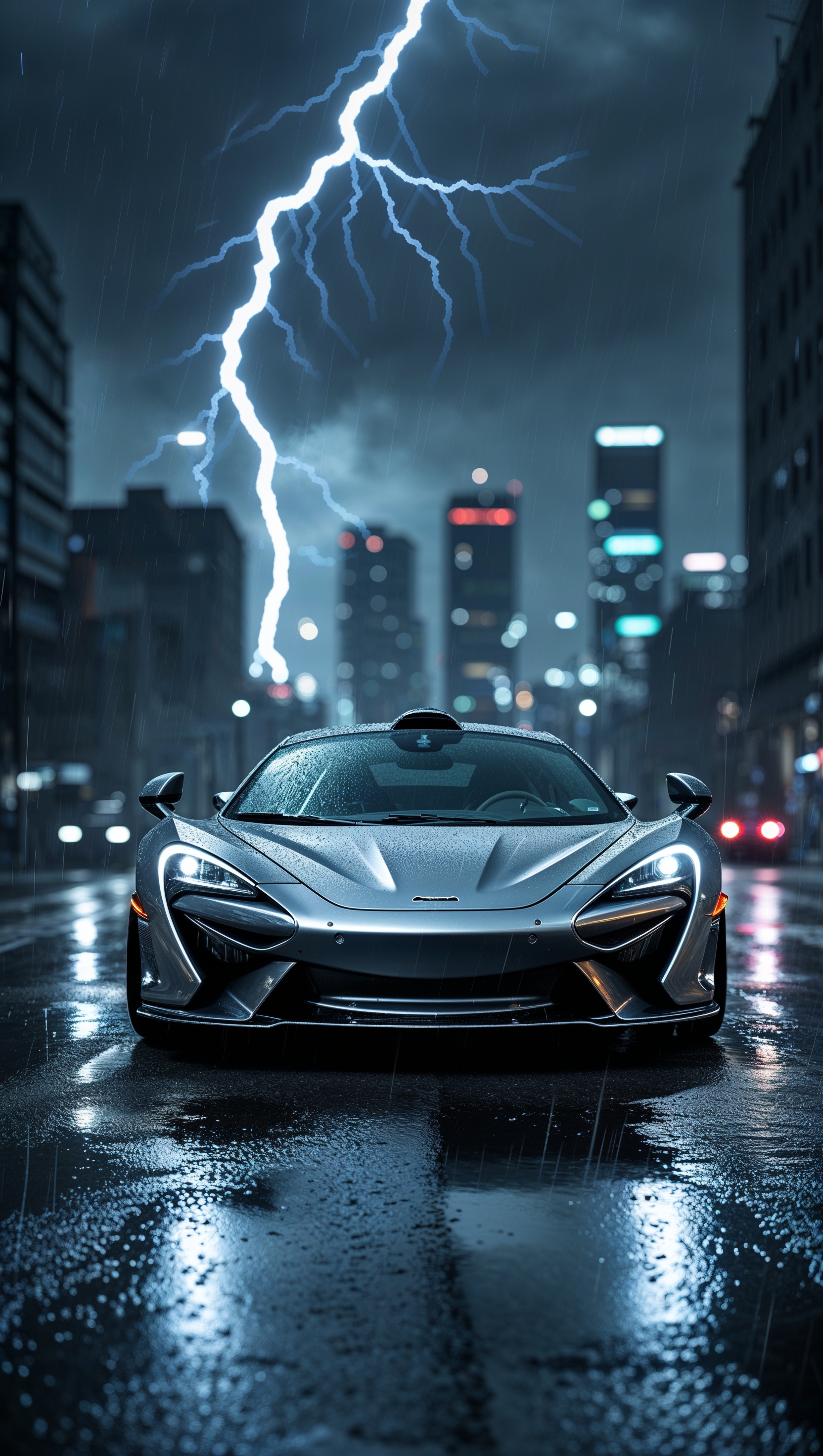 McLaren in a stormy night with lightning