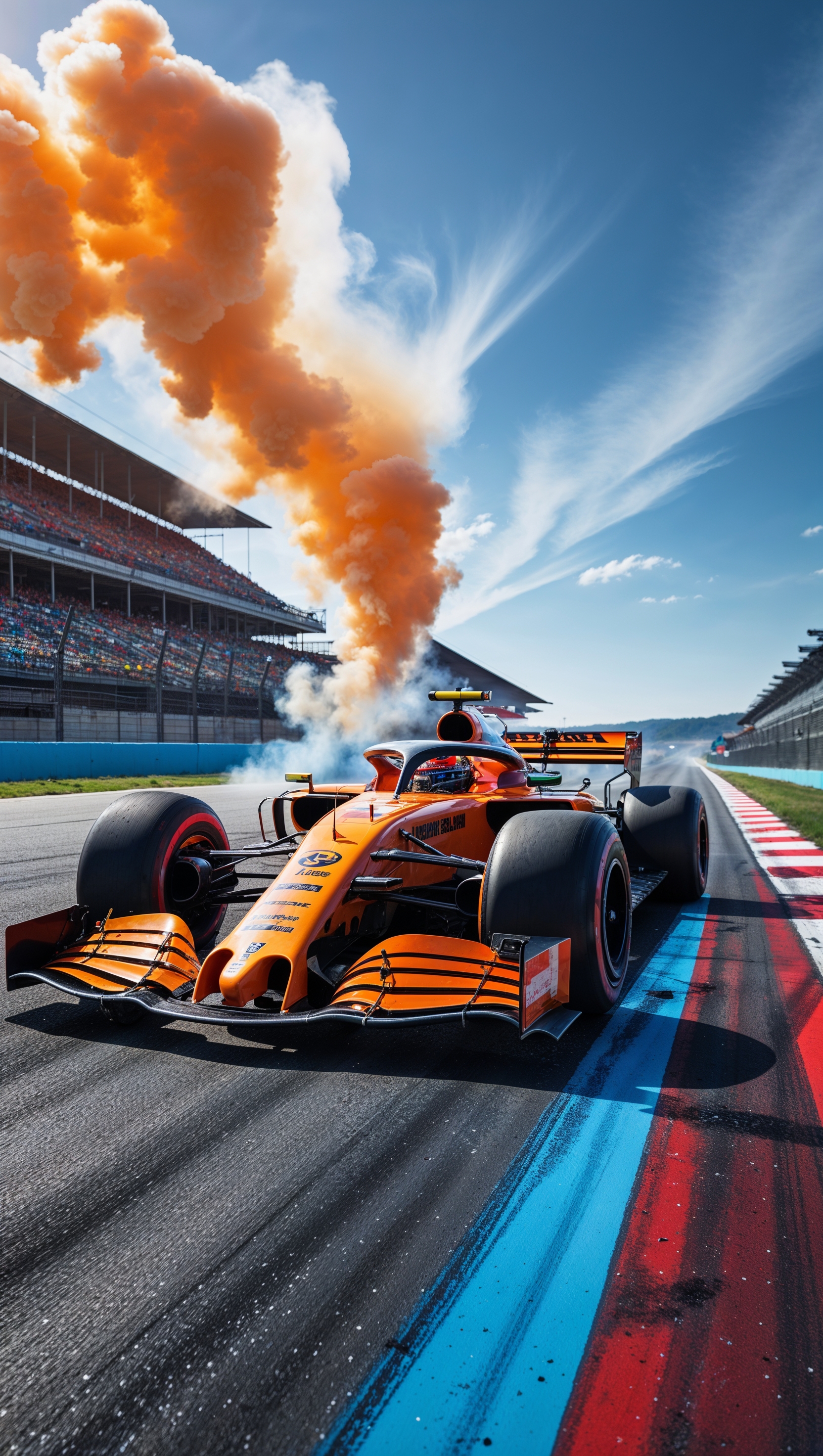 McLaren on a racetrack with tire smoke