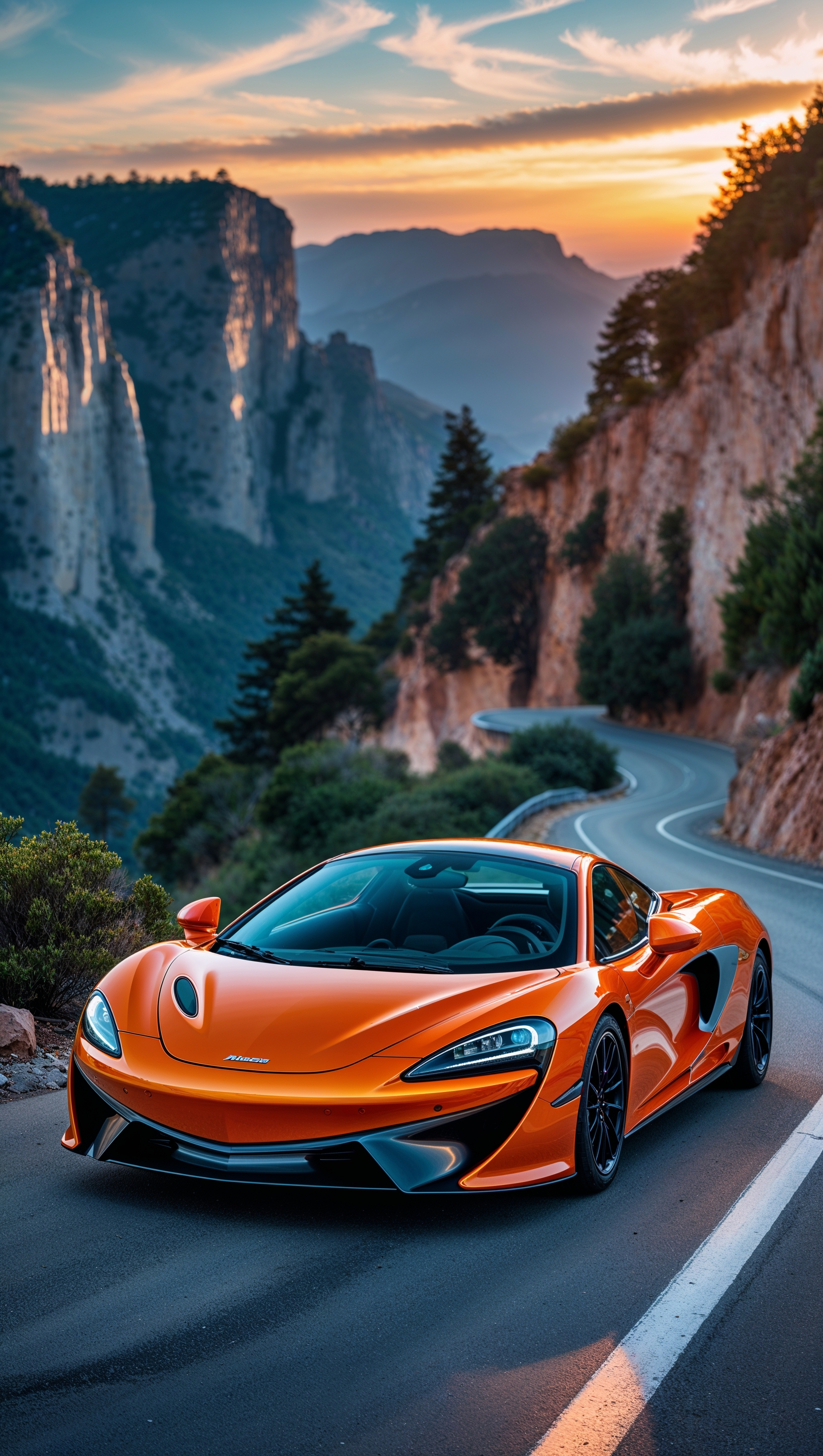 An orange McLaren on a mountain road at sunset