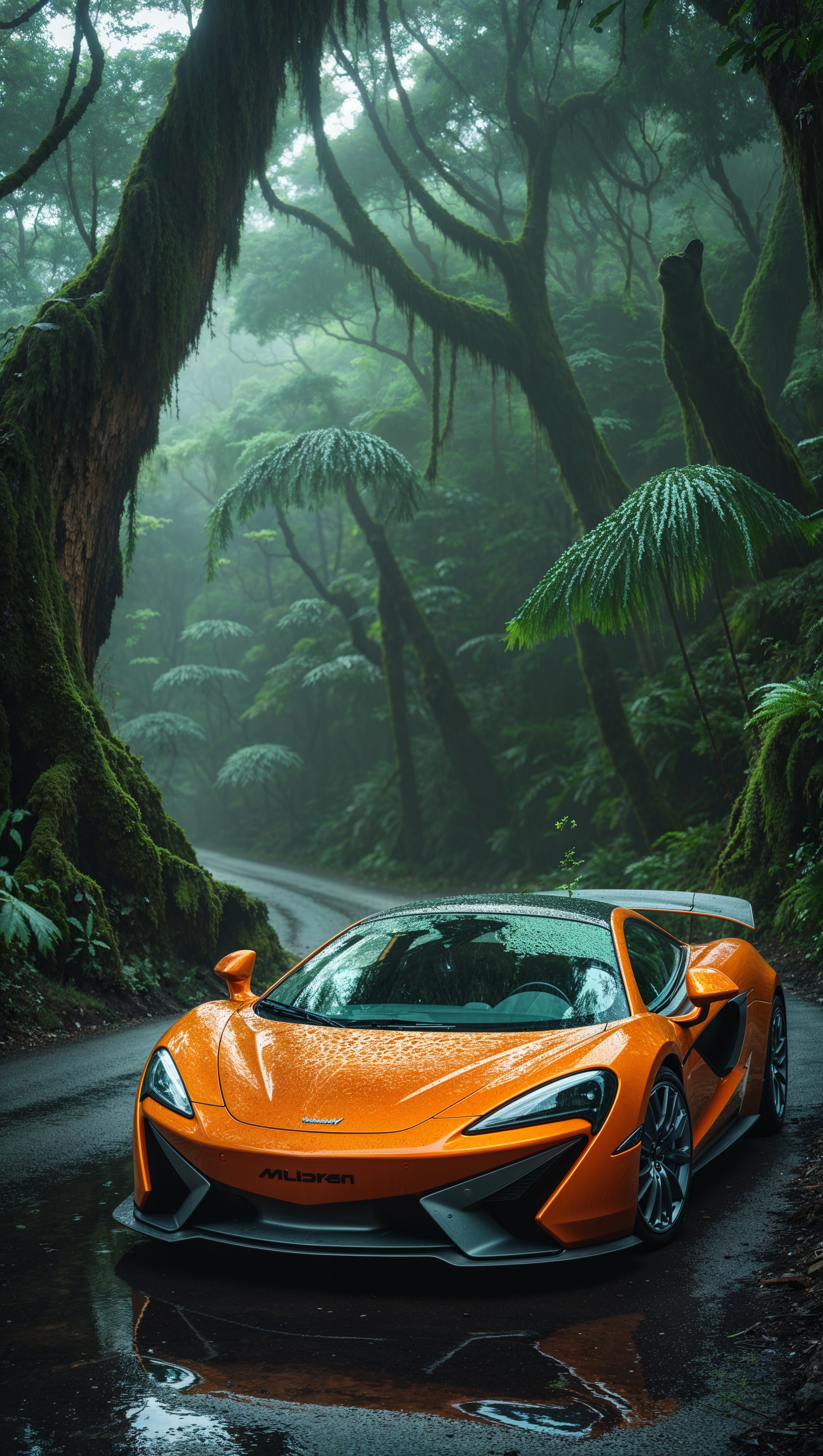 McLaren in a rainforest with mist and water droplets