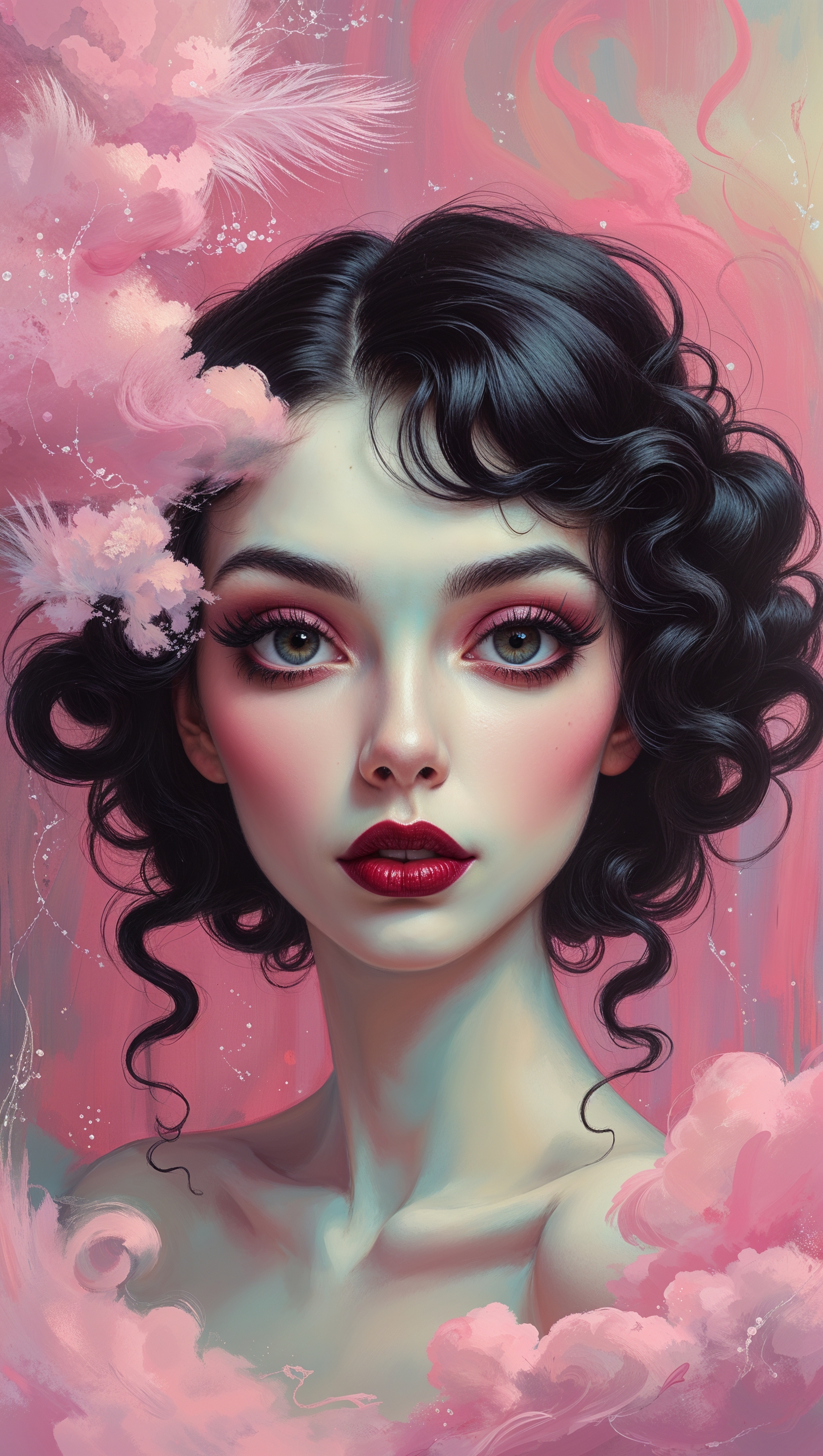 Melanie Martinez portrait with a pink fantasy background, perfect for iPhone wallpaper