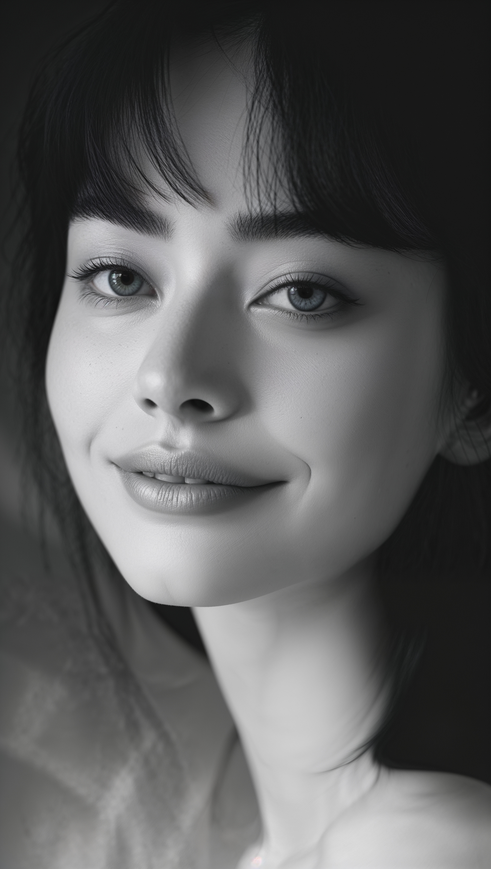 Black and white portrait of Melanie with soft shadows, iPhone look