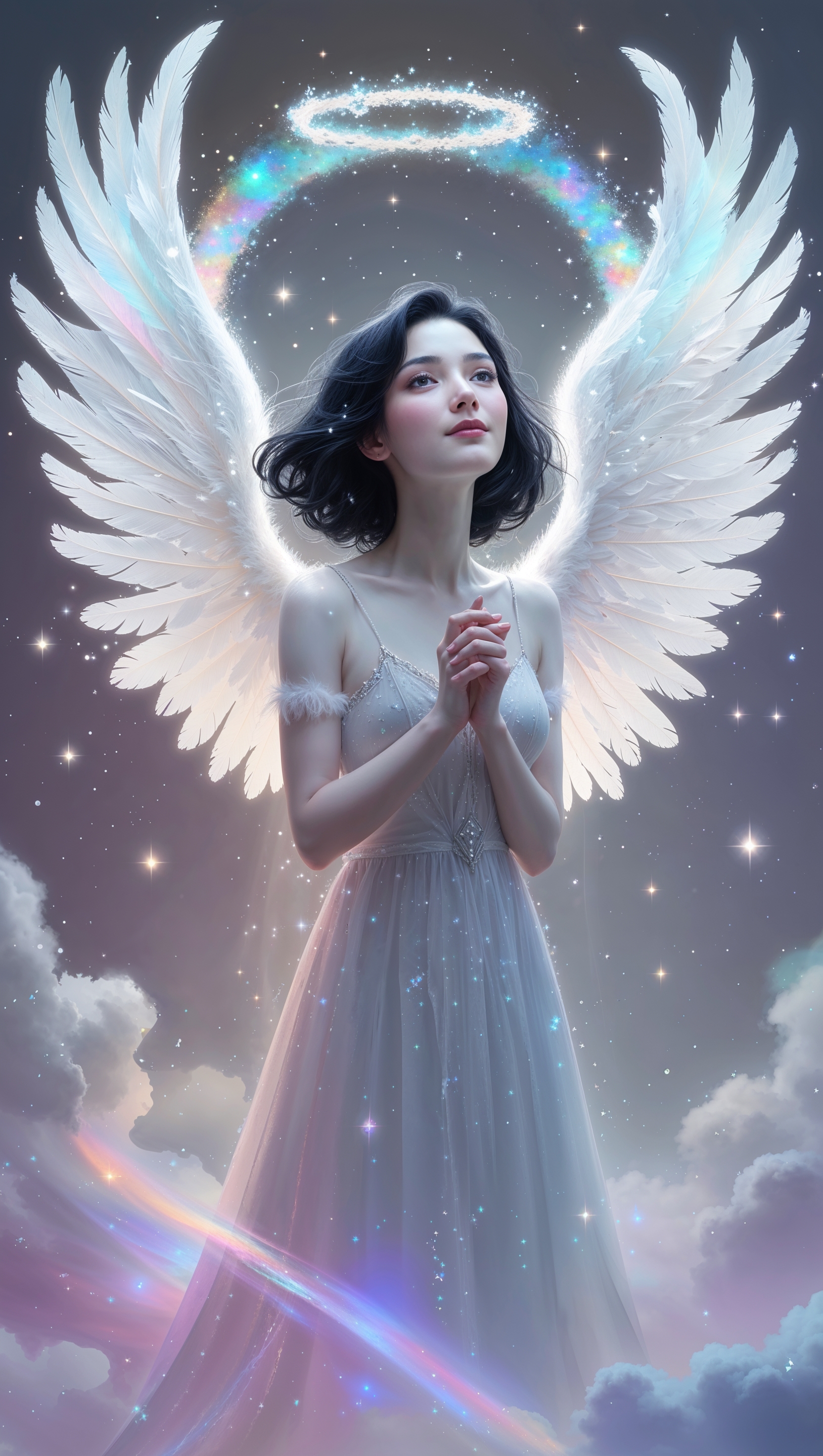 Melanie with angel wings in a magical space, fantasy iPhone wallpaper