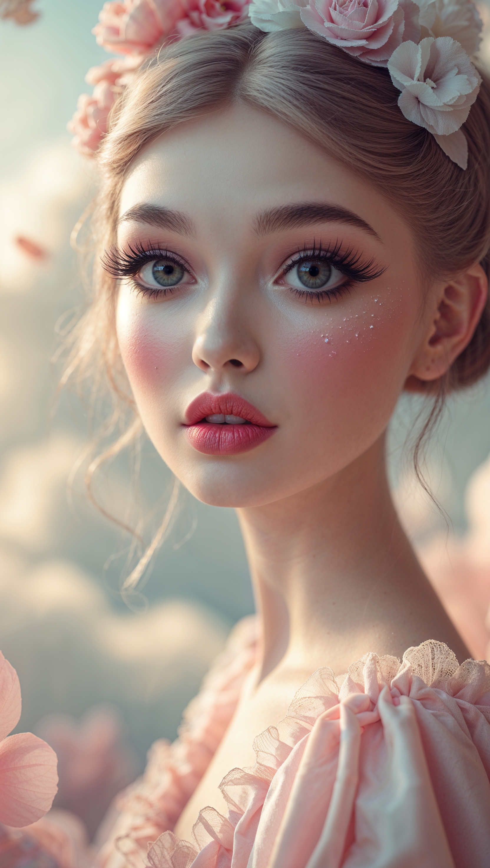 Melanie’s doll-like makeup with a dreamy cloudy background for iPhone