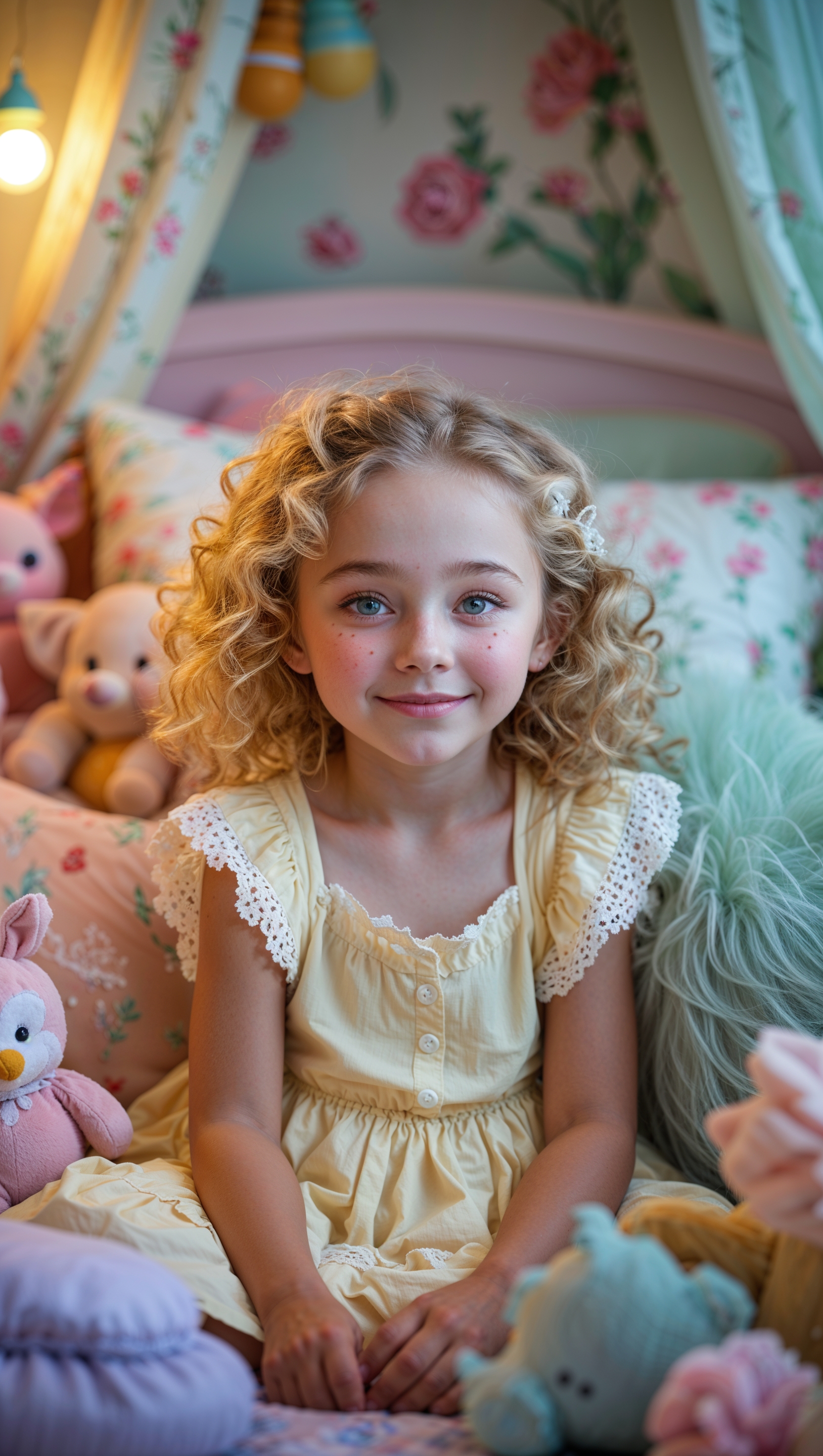 Melanie in a pastel kids’ bedroom with soft lighting, for iPhone wallpaper