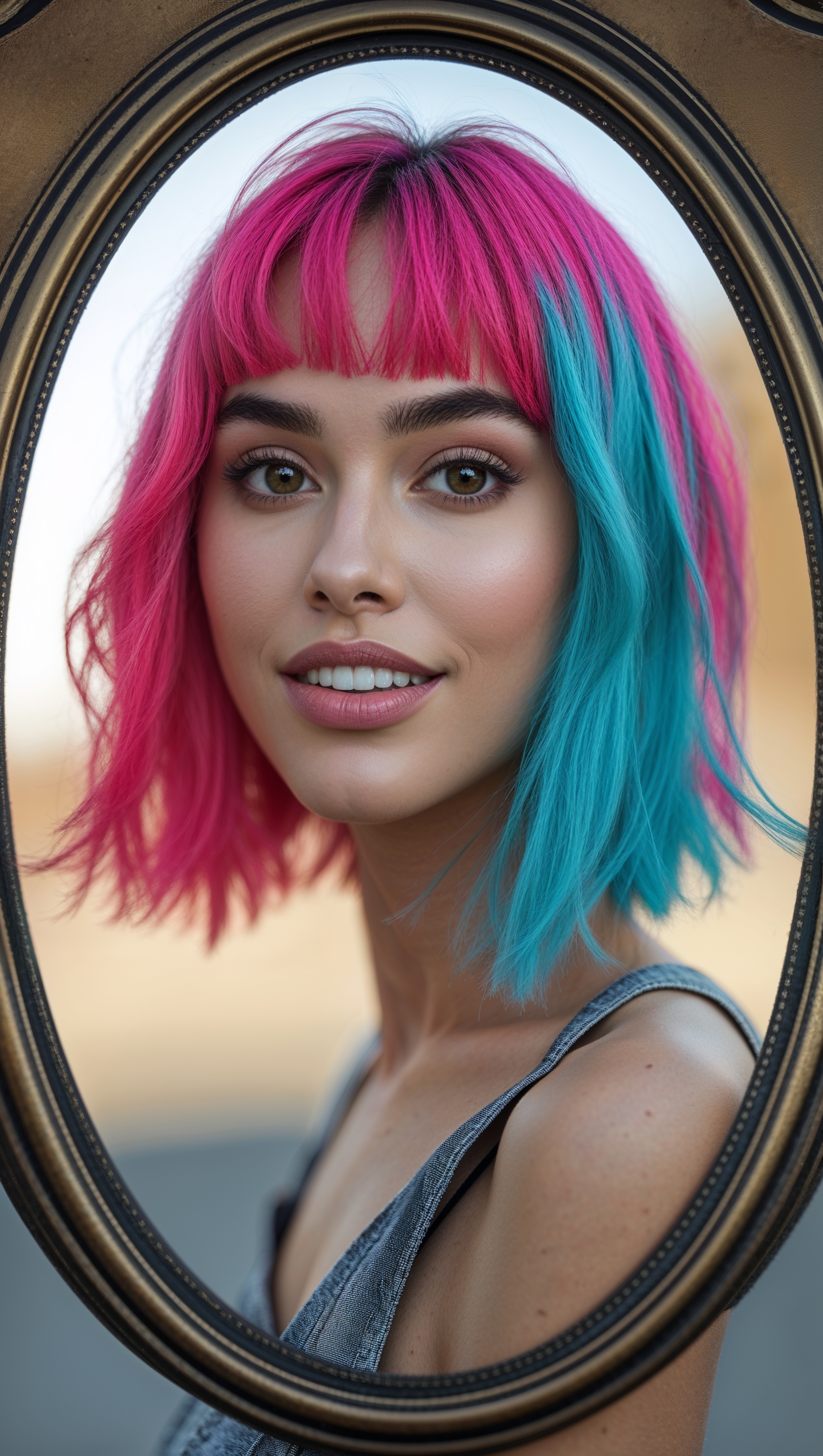 Melanie with her iconic split-dyed hair inside a circular frame, iPhone format