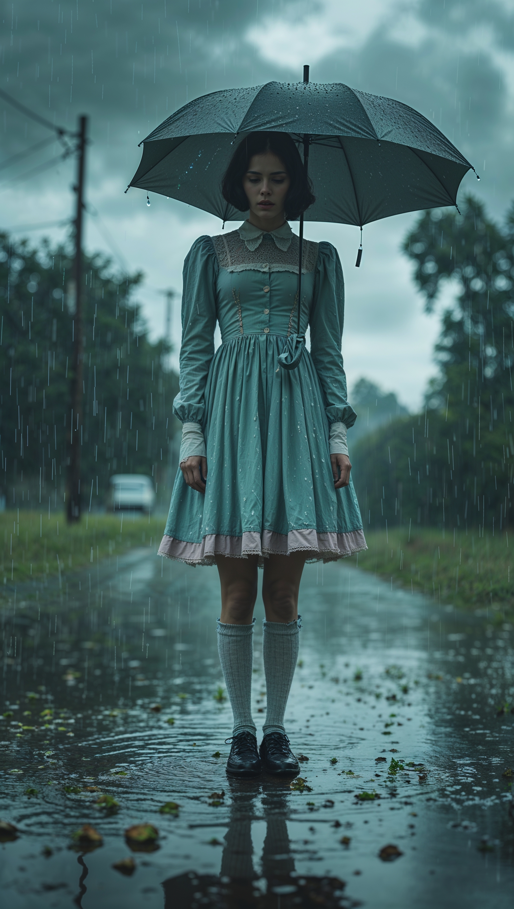 Sad Melanie under the rain in baby clothes, melancholic iPhone background